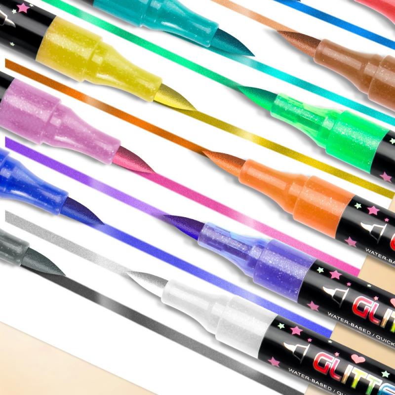 24/48 Colors Glitter Brush Markers,Dual Tip Dual Color Brush Glitter Marker for Doodle Writing, Glitter Art Crafts Adults DIY Crafts Greeting Birthday Cards Making