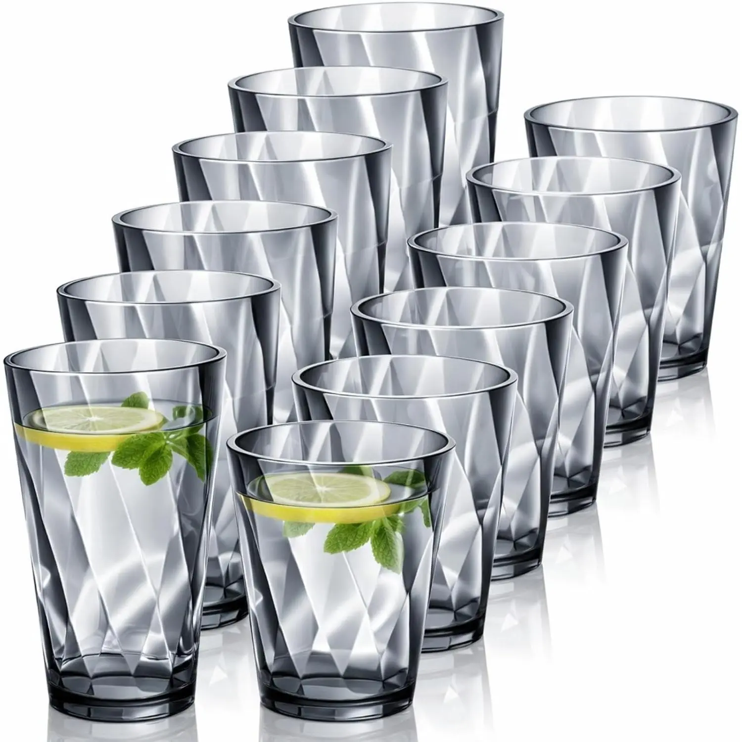 12-Pack Transparent Stylish Reusable Plastic Drinking Glasses Set - 20oz & 13.5oz Stackable Shatter-Resistant Highball Tumblers for Water, Cocktail, Indoor-Outdoor Use (Grey)