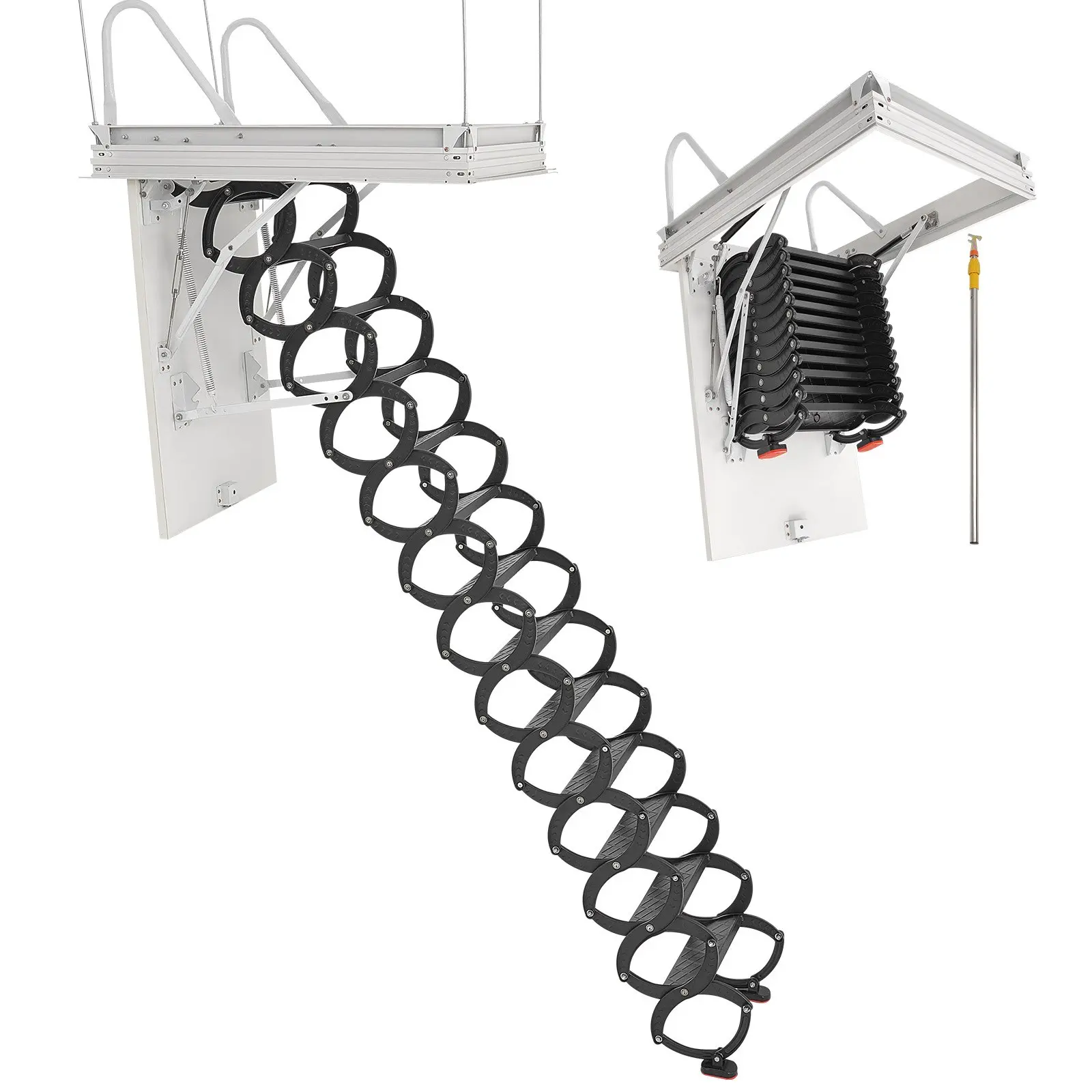 【toolupgrade】VEVOR Steel & Alum Loft Access Attic Ladder, 660LBS/299.4KG Capacity, Fits 10.5-11 ft Ceilings & 39.4x27.5 in Openings, Retractable Pull-Down Ceiling Stair with Pull-Rod for Roof Access