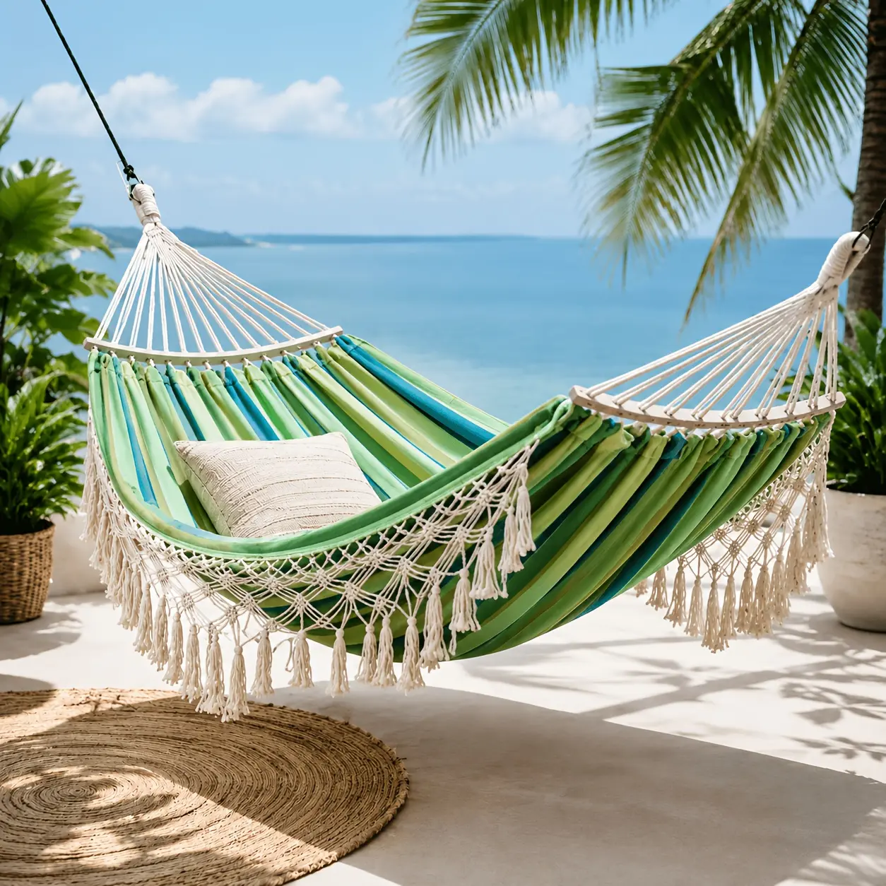 Bohemian Tassel Hammock crafted from upgraded premium fabric. Breathable and cozy, lightweight to carry and simple to store, ideal for unwinding while camping. Sturdy anti-tip construction delivers exceptional weight capacity and outstanding durability.