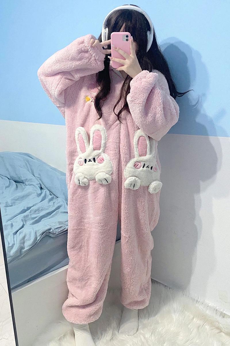 Coral Velvet Onesies Women Cute Rabbit Kigurumi Unicorn Preppy Cartoon Hooded Kawaii Thicker Winter Warm Cotton Pajamas Homewear