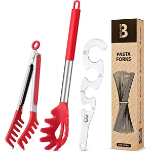 Silicone Spaghetti Spoon & Pasta Tong With Pasta Measurer, 3 Pack of Non-Stick Stainless Steel Handle Pasta Fork Set with Teeth, Food Clip for Easy Serving of Noodles (RED)