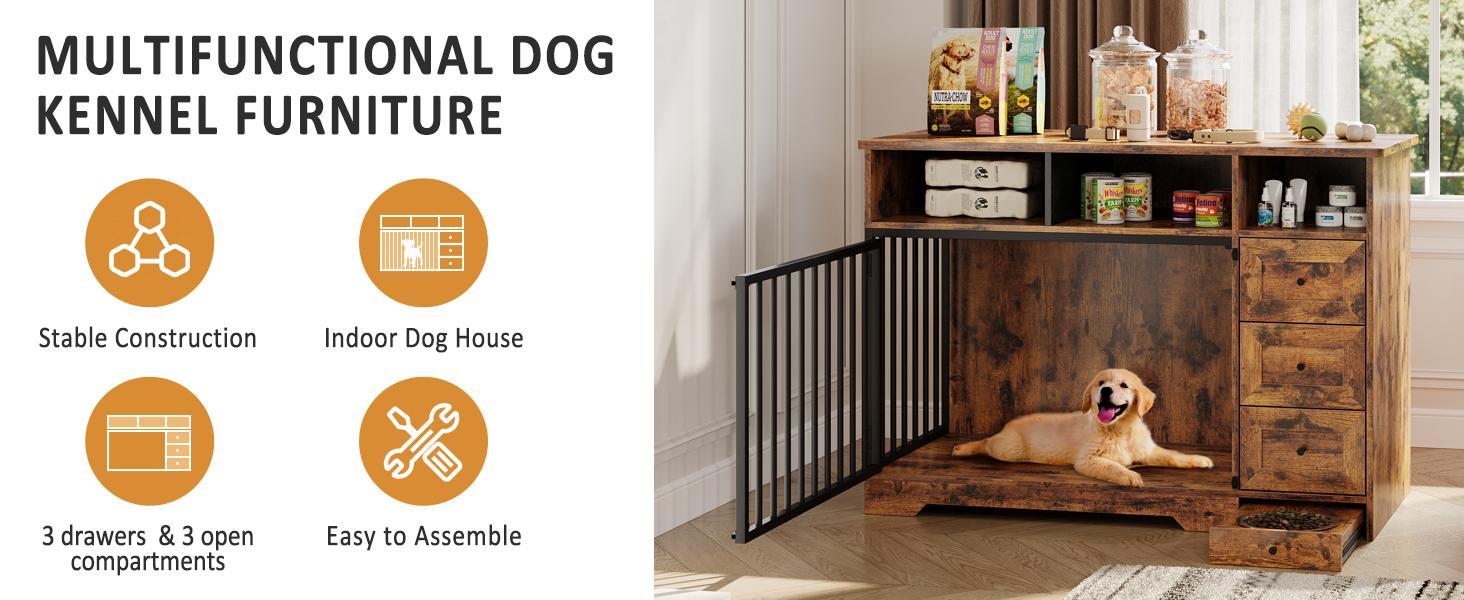 48'' dog crate furniture, heavy duty medium dog crate with bowl & storage drawers, crates for dogs indoor end table for small medium, retro brown