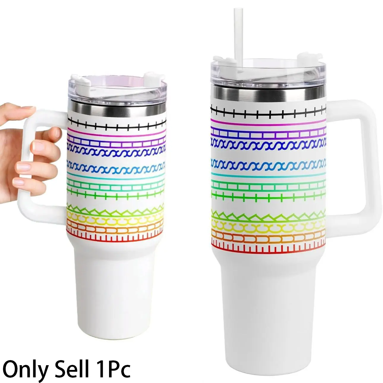 Colorful Striped Stainless Steel Insulated Vacuum Drinkware Cup with Lid and Straw, Large Glass Mug with Handle, Travel Coffee Cup, Hot Drink Bottle, Unique Birthday Gift