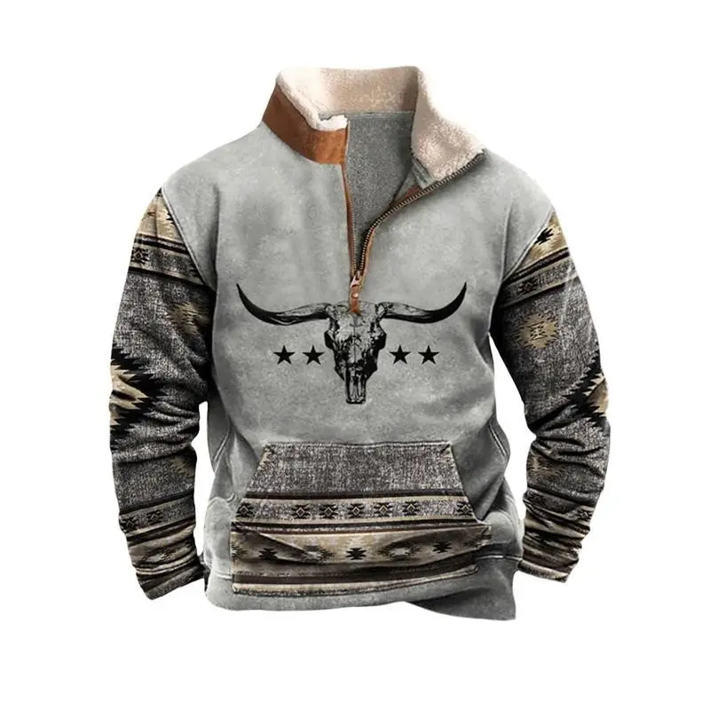 Mens Cowboy Sweatshirt Vintage  Print Western Aztec Sweatshirt Casual Long Sleeve 1/4 Zip Fleece Pullover Classic Fashion Cotton Menswear