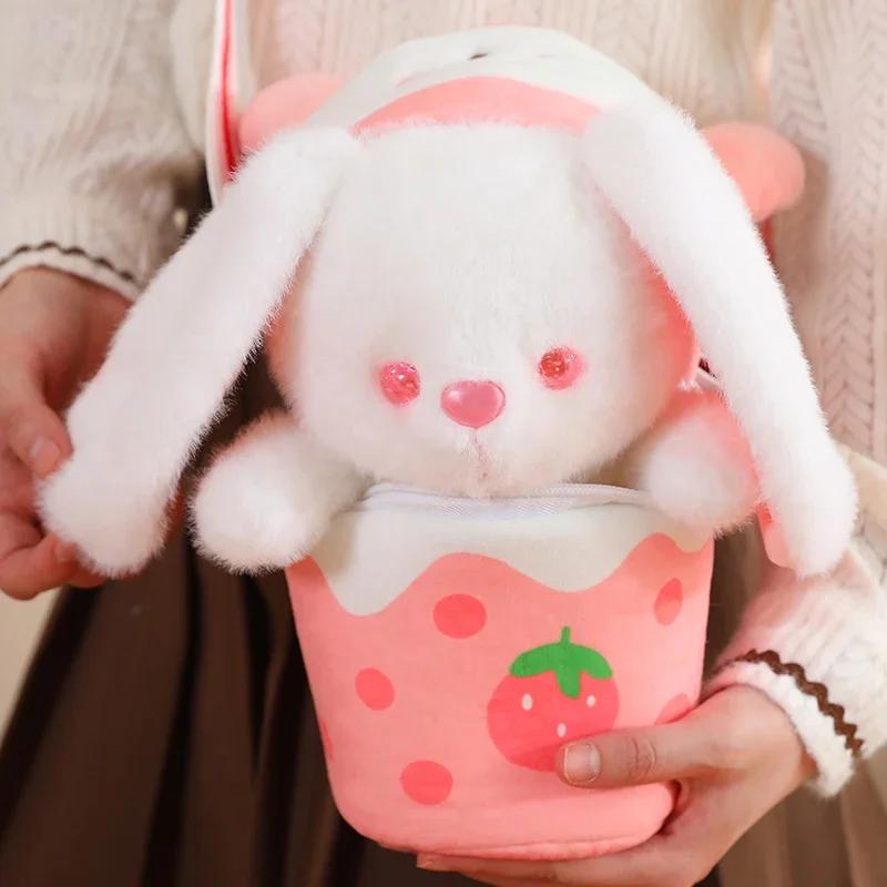 Stuffed Funny Bunny Bear Plush Doll Strawberry Carrot Rabbit Plush Toy Soft Bear in Milk Tea Bag Creative Kids Birthday Gift