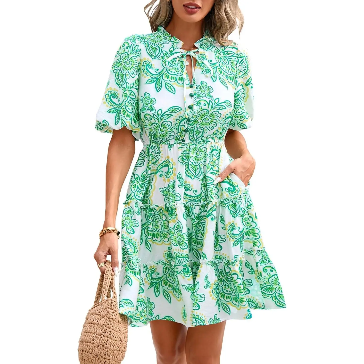 Women Summer Floral Short Dresses V Neck Short Sleeve Tiered Ruffle Boho Swing Dress A-Line Mini Dresses