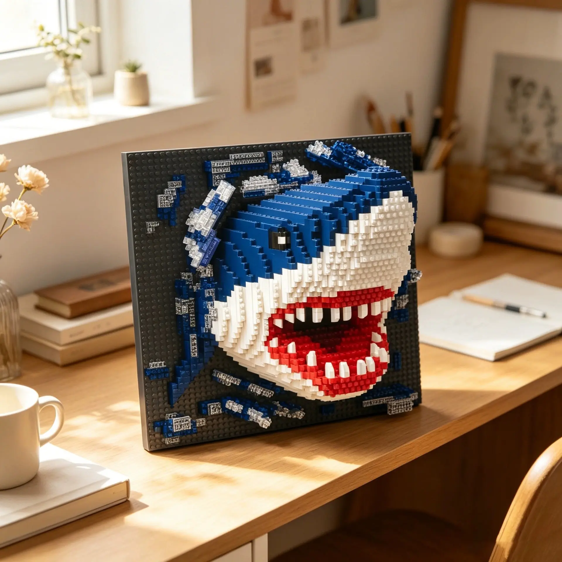 3D Wall Art Frame Animal Mural 2040pcs Shark Puzzle, Creative Educational Building Blocks Toy, Kids Desk Decor, Birthday Halloween Christmas Gift