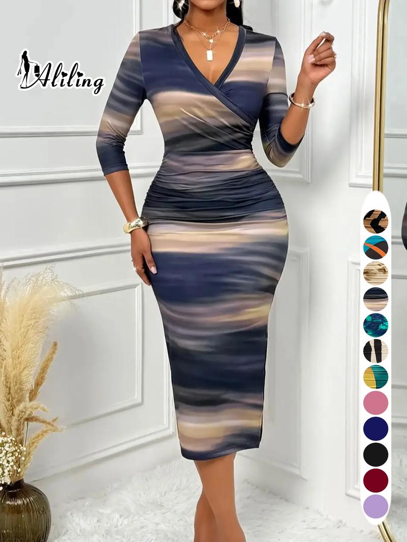 Aliling Women's Dress Valentine's Day Women's Clothing Summer Thin Elegant Midi V-Neck Half Sleeve Geometric Print Ruched Slim-Fitting Dress