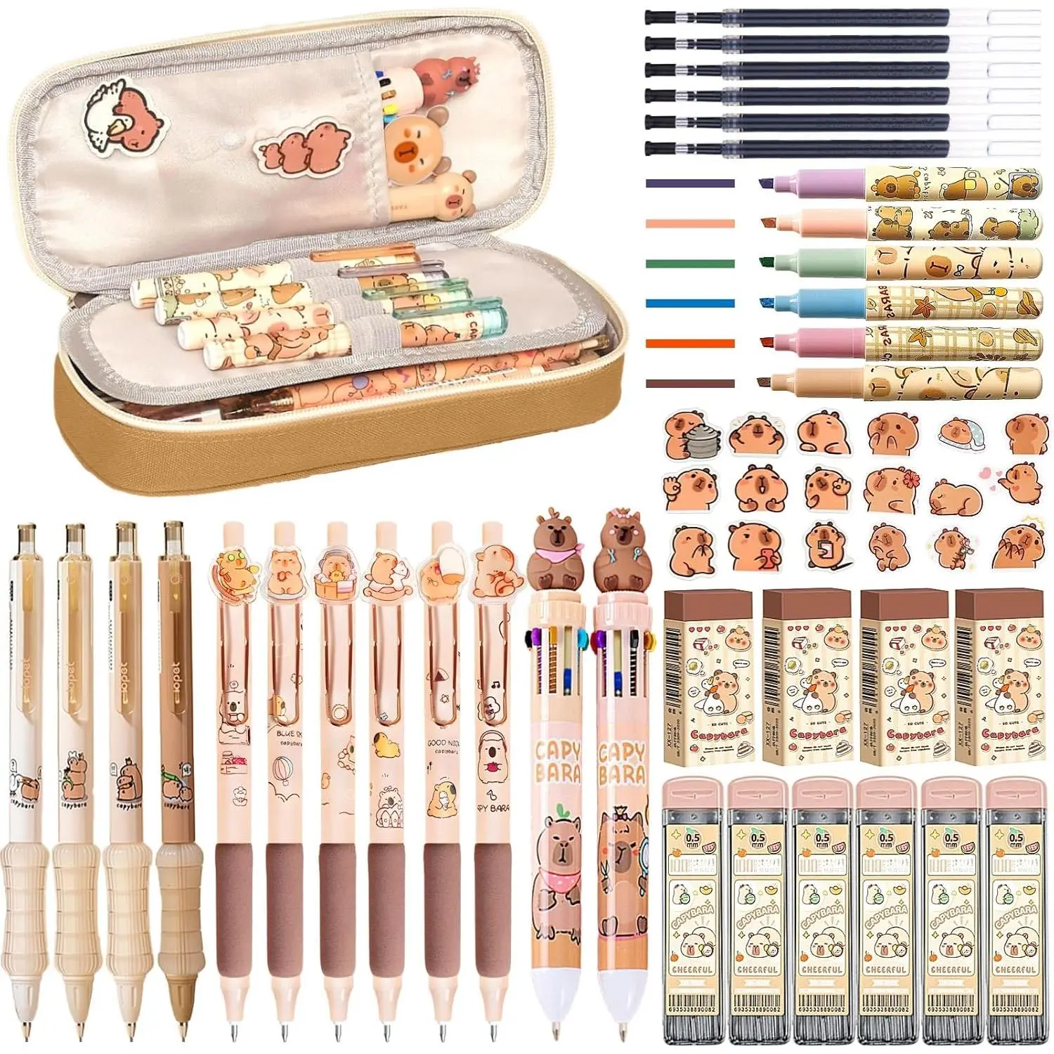 Capybara Stationery Set,Cute Capybara School Supplies Gifts | Includes Capybara Ballpoint Pens, Erasers, Mechanical Pencils, Lead Refills, Gel Pens and Highlighter for School and Office.