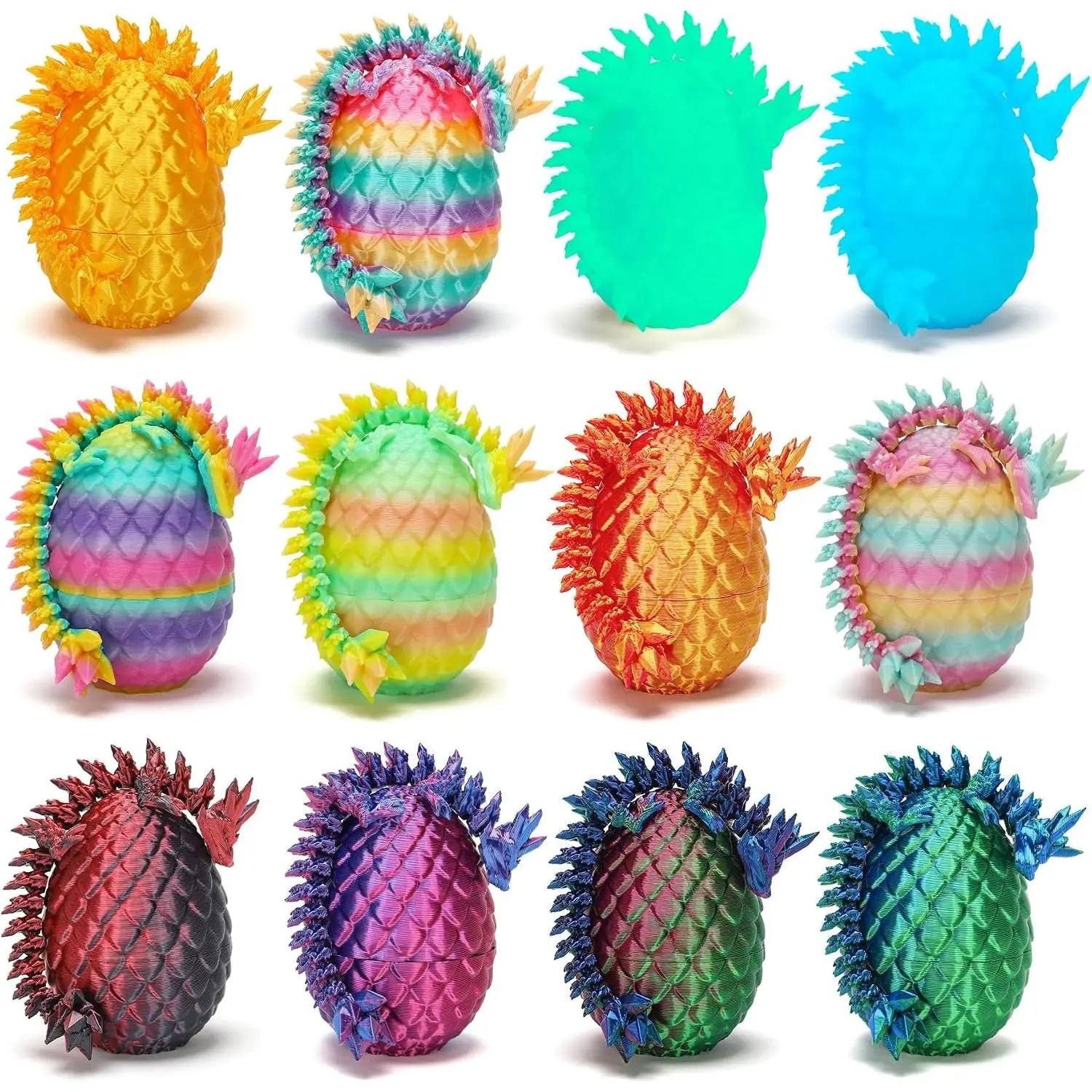 Mini 3D Printed Dragon Eggs with Dragon Inside, Articulated Crystal Dragons 3D Printed Animals Easter Egg Fillers, Easter Basket Stuffers Christmas Fidget Toys Gifts for Kids (12pcs-withoutkeychain)