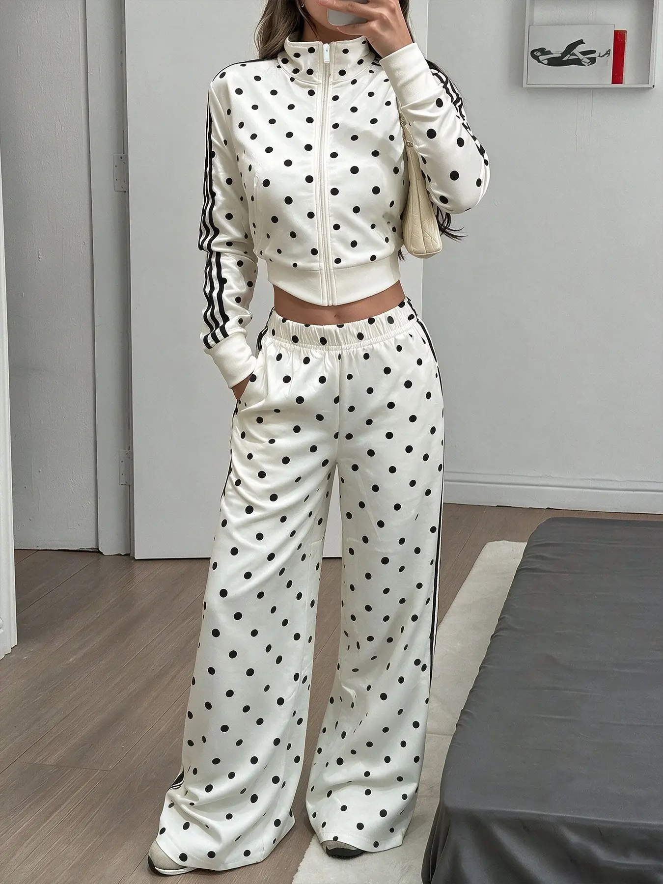 Autumn Polka Dot Two-Piece Tracksuit, Athleisure Tracksuit Outfit, Cropped zip-up jacket and high-waisted wide-leg pants, featuring classic side stripes and smooth fabric, comfortable and stylish for everyday hangouts, casual street looks