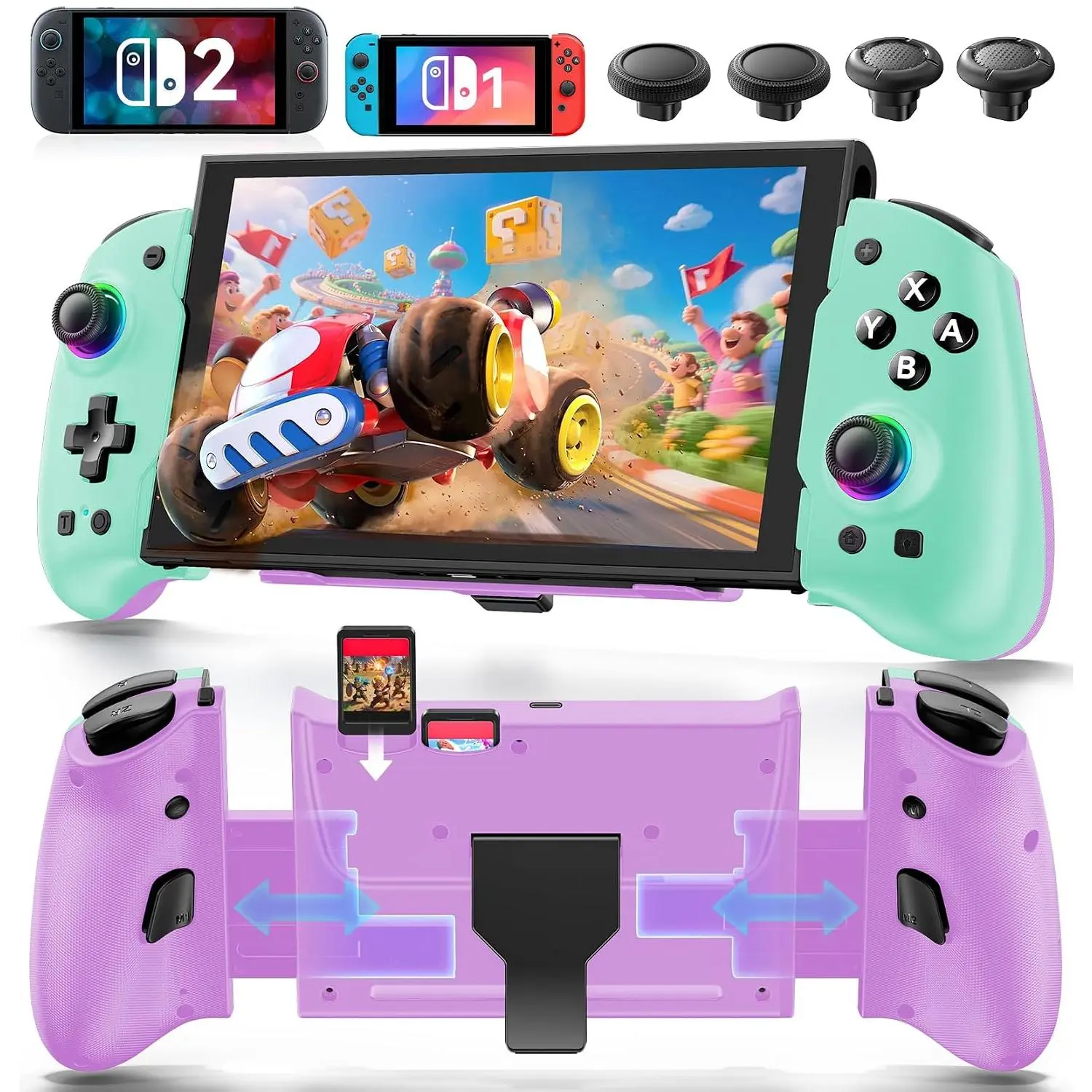 1/ 2 Controller for / OLED/  2 Console,Stretchable  Handheld Joypad  Grip for  Pro Controller with RGB Lighting, TMR Joystick, Turbo, 4 Macro,Green &