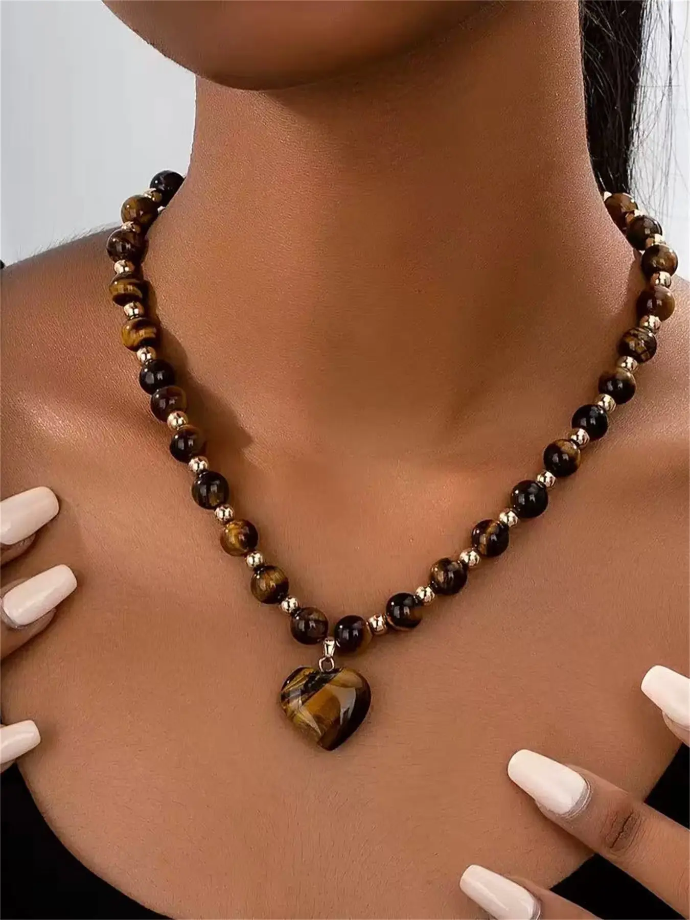 Vintage fall ladies jewellery ﻿fashion tigers eyes necklace women natural stone beaded choker winter fall