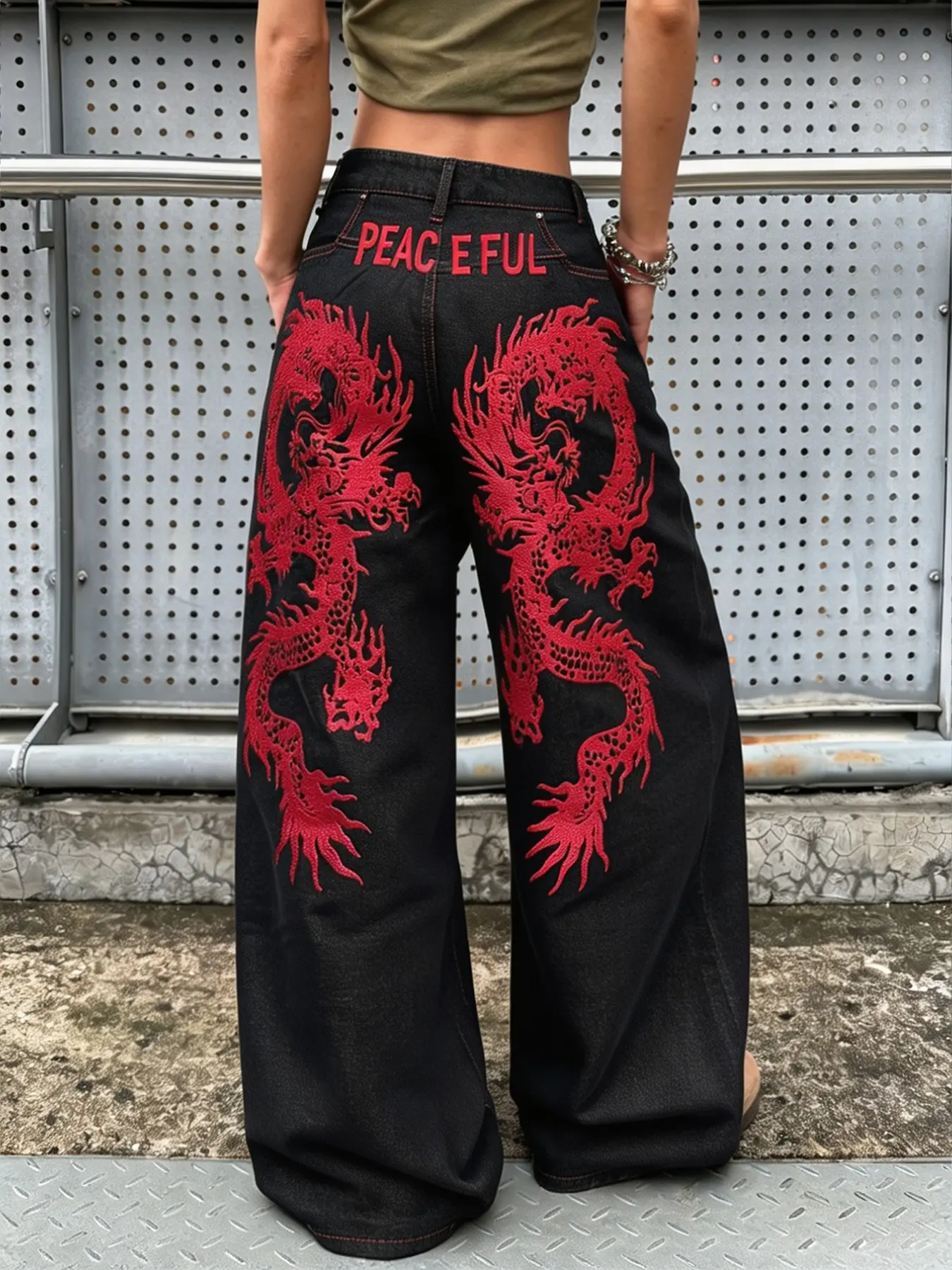 Women's Embroidered Jeans, American Street Style, Dragon Patchwork, Straight Leg Wide-Leg Long Pants, All Seasons