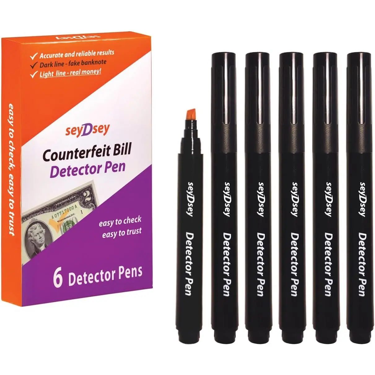 Counterfeit Bill Detector Pen, 6 in Pack, Money Marker, Fake Money Detector, Chisel tip.