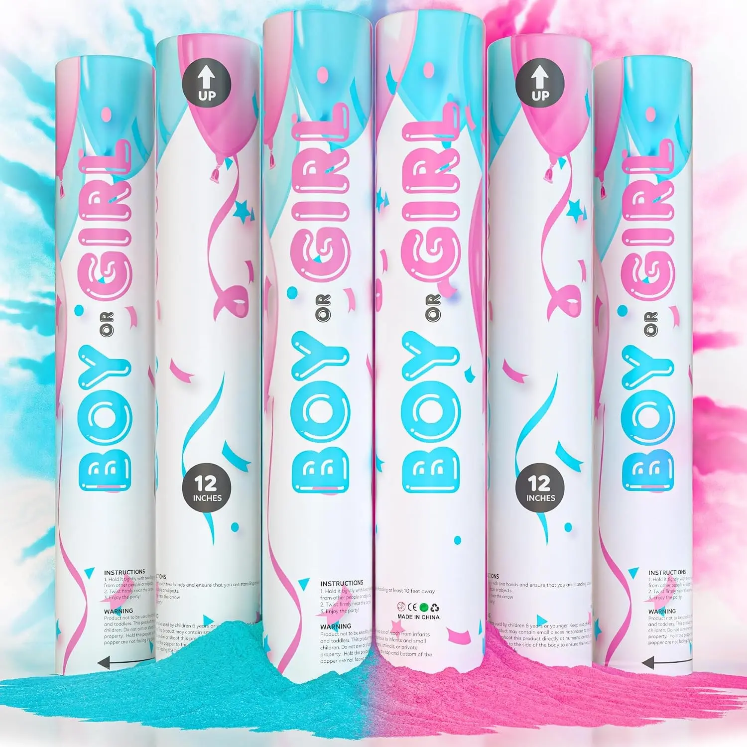 Gender Reveal Powder Cannons (6 Pack) - Pink & Blue Smoke Poppers, Biodegradable, 25ft Launch, Outdoor Non-Pyrotechnic, Color Check Top, Baby Shower Photo PropsGift