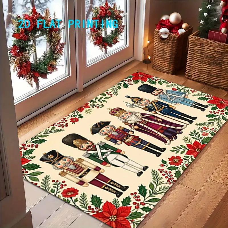 Flannel Floor Mat 1pc, Christmas Nutcracker-themed doormat, festive atmosphere for home use, colorful and non-slip, machine washable, suitable for home decoration, entryway, living room, bathroom, and balcony