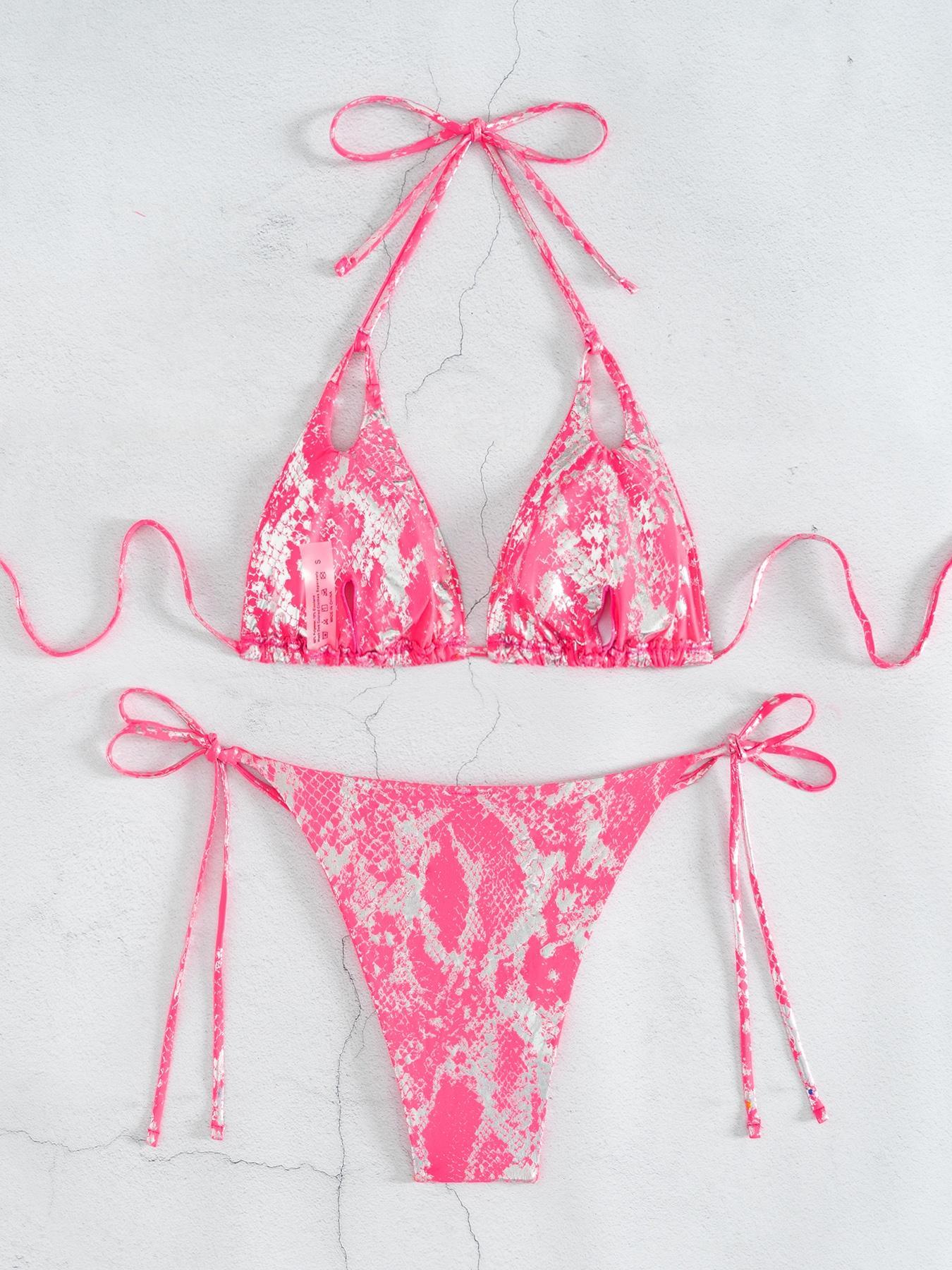 Two-Piece Set Women's Snakeskin Print Glossy String Bikini Set, Sporty Halter Neck Tie Back Triangle Swim Bra & Tie Side High Cut Swim Panty, Two-piece Swimsuit for Beach Holiday Vacation Tie Back Bikinis