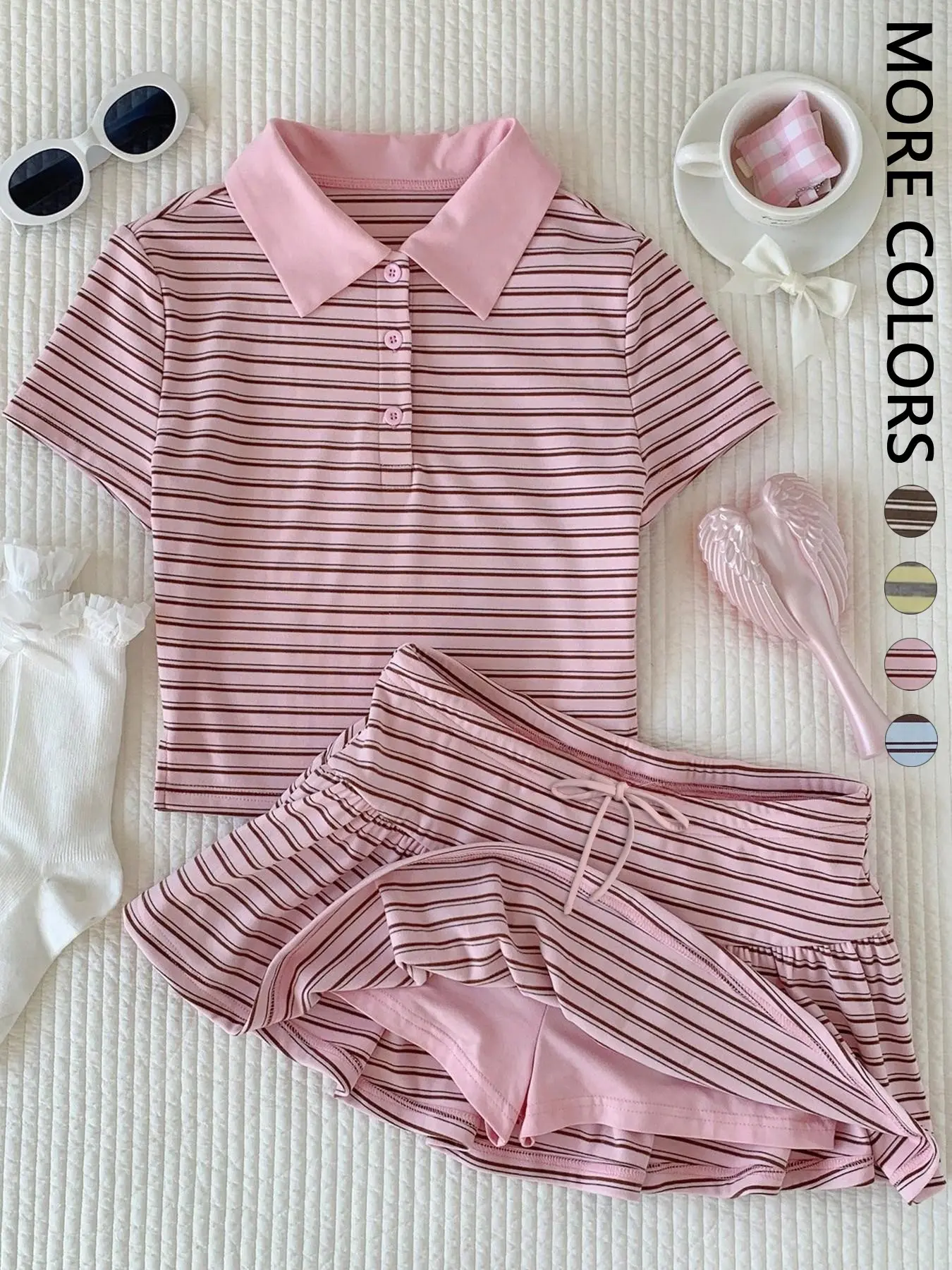Women's Casual Striped Short Sleeve Polo Shirt and Mini Skirt Set, Summer Matching Set, Valentine's Day, Beach Vacation, Y2K Set