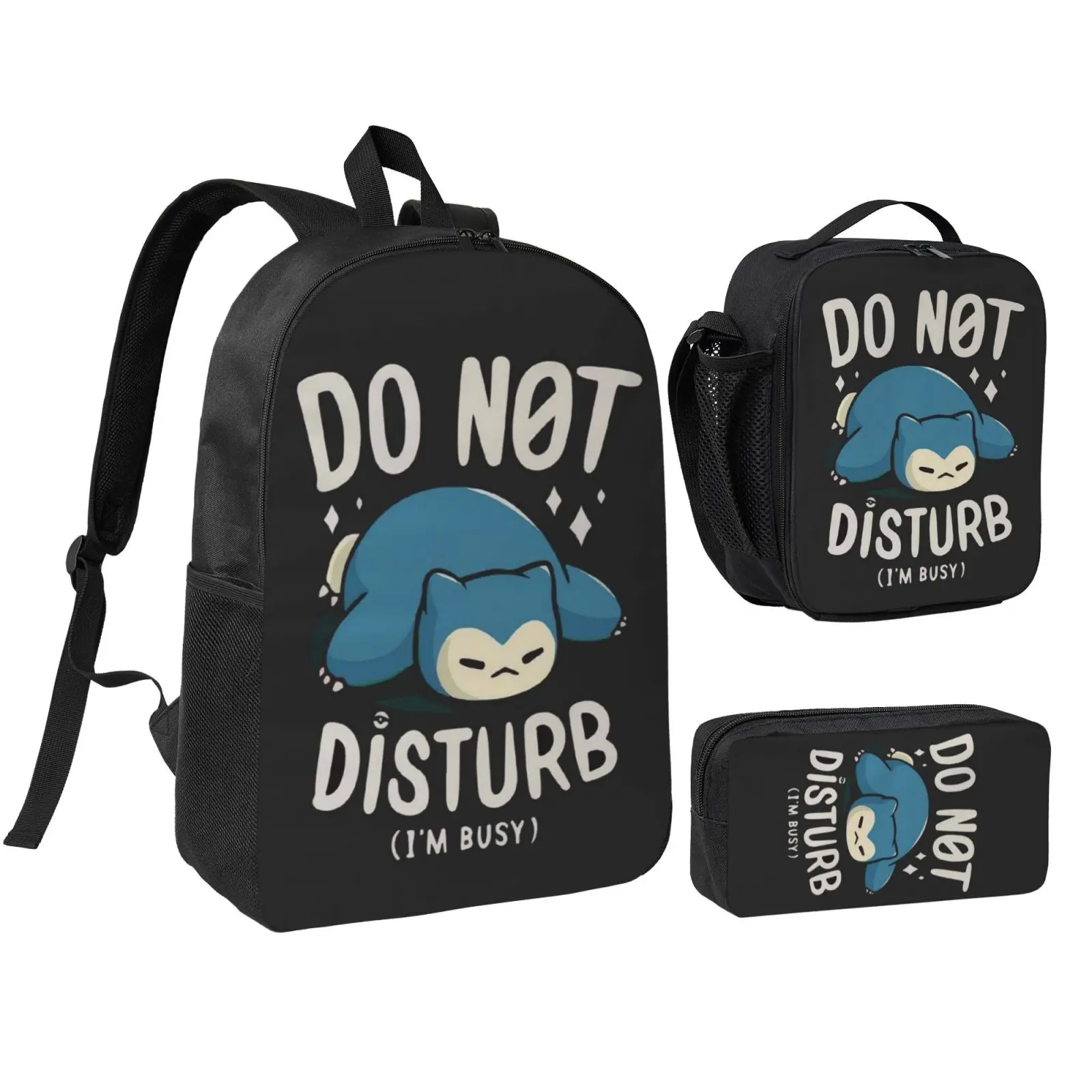 Anime Snorlax Kids School Bag Set, Teen Boys Girls Backpack with Adjustable Shoulder Straps, Multipurpose Bookbag with Lunch Box Pencil Bag for School Travel Office Daily Use
