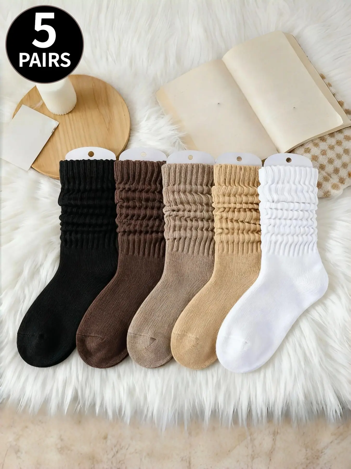 5-Pair Set of Relaxed, Piled-Up Women's Retro Pleated Mid-Calf Socks and Knee-High Socks in Earth Tones—Casual Knit Socks, Simple, and Versatile for Everyday Wear; Perfect for Y2K Outfits—Slouch Crew Socks