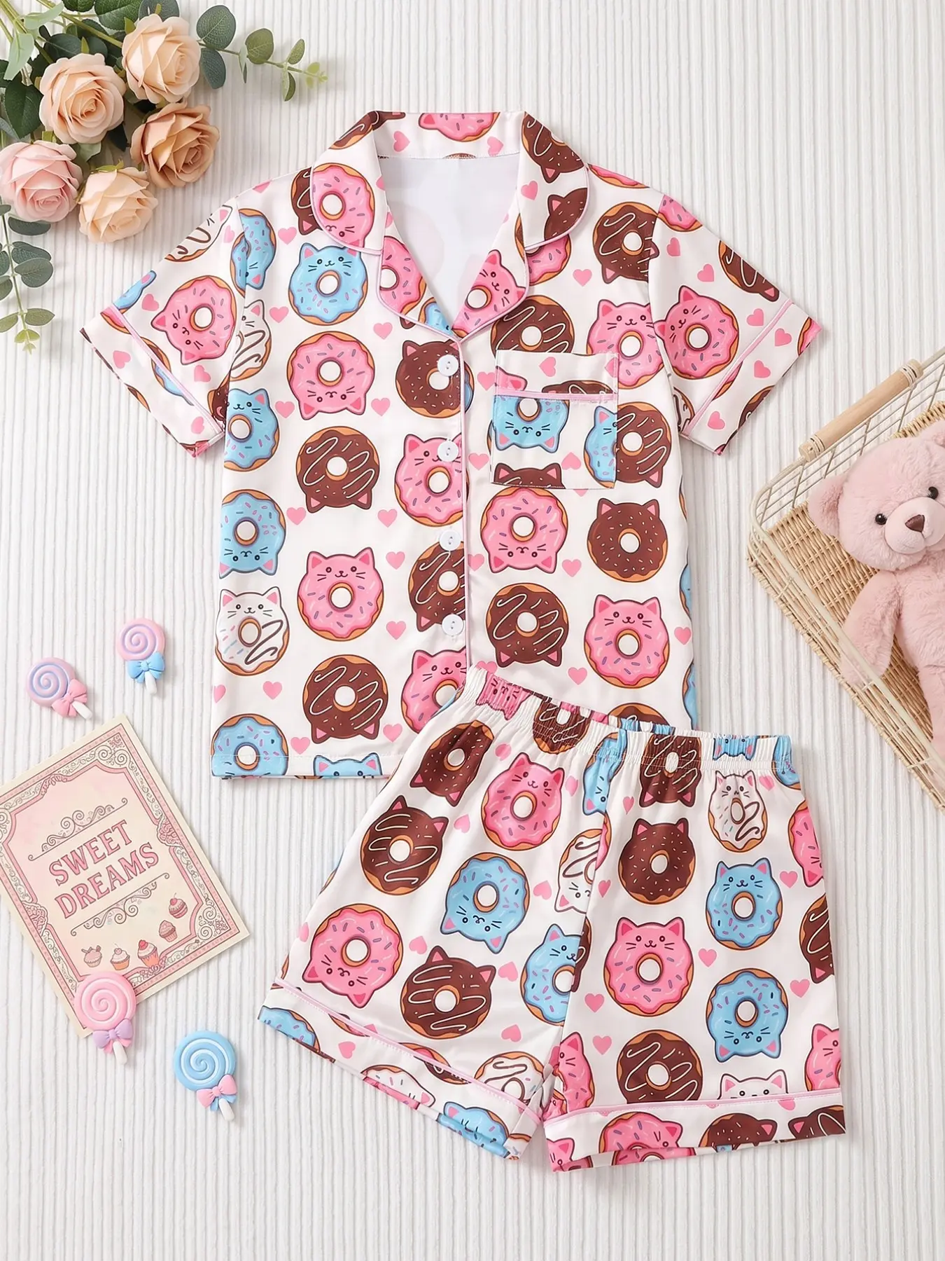 2-Piece Cartoon Donut Pajama Set for Girls, Cute Short Sleeve Sleepwear, Comfortable Home Wear, Flame-Resistant Kids Pajamas, Summer Pjs