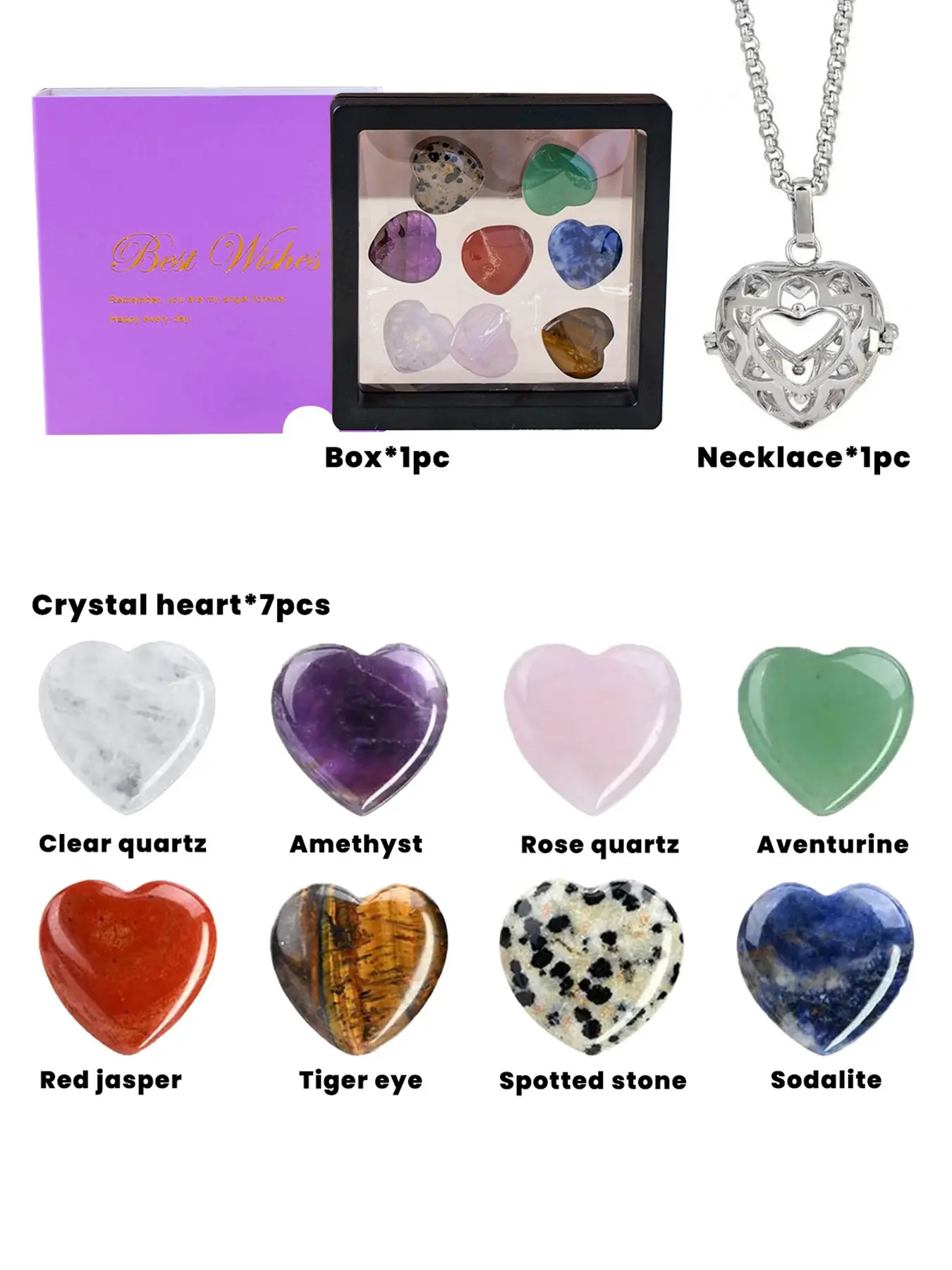 Natural Crystal Energy Center Heart Pendant Elegant Necklace Set, Gift Boxed Natural Gemstone Jewelry, Personalized Home Decor, Heart Shaped Necklace