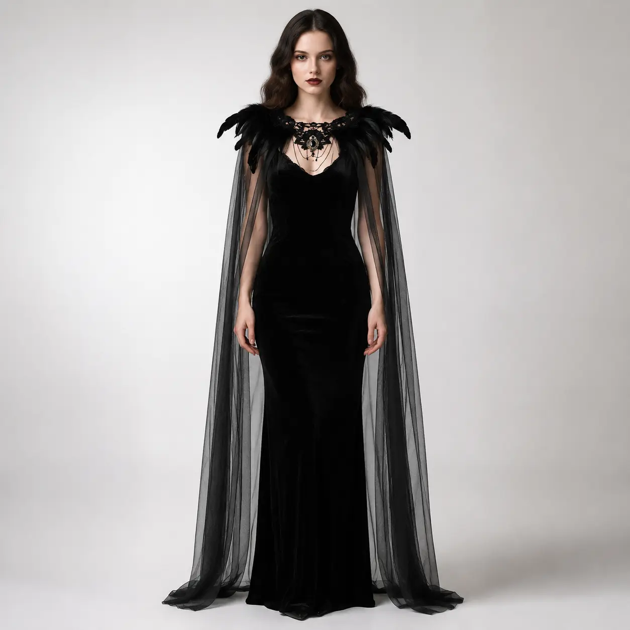 Women's Black Gothic Polyester Feather Shoulder Cape Dress Accessory - Long Sheer Lacy Collar, Oval Jewel, Draped Chain, Draped Fit Victorian Vampire Cosplay for Halloween Masquerade