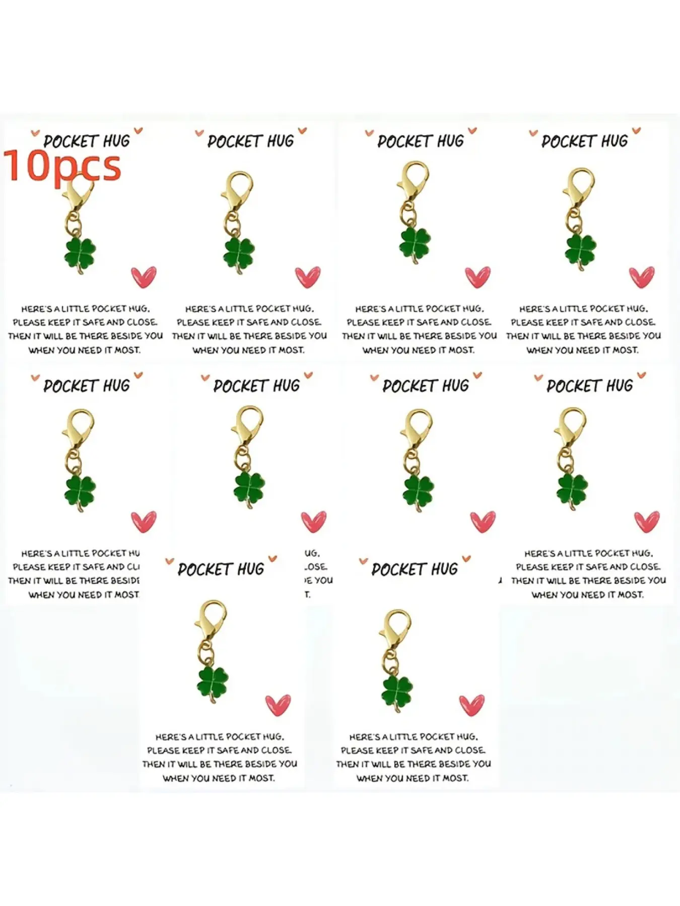 A set of 10 lucky four-leaf clover keychains, complete with a greeting card, makes an inspirational gift to decorate your car keys, backpack, or wallet.