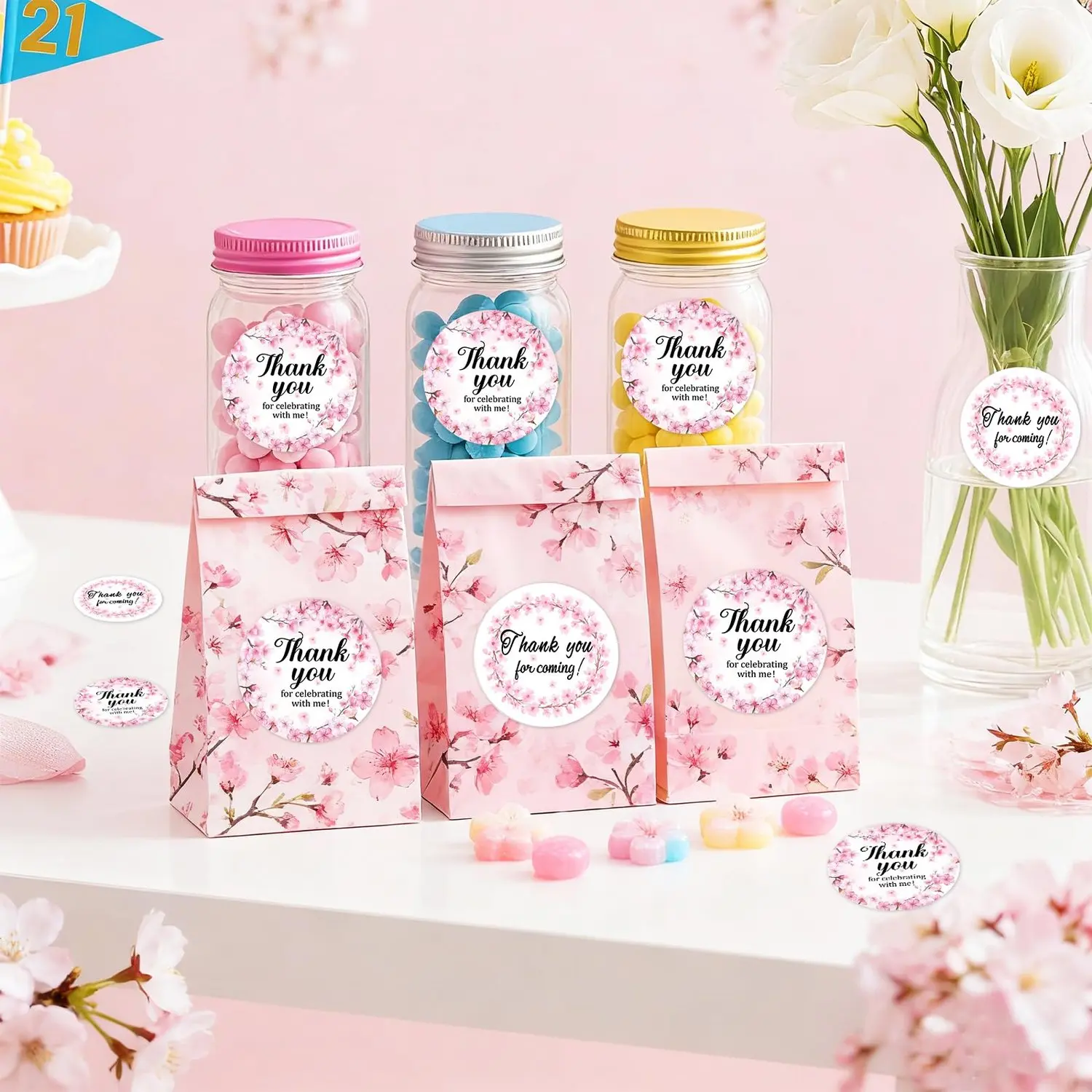 80PCS Cherry Blossom Thank You Stickers Floral Watercolor Japanese Sakura Stickers Aesthetic Round Sticker for Girls Women Cherry Blossom Birthday Baby Bridal Shower Christmas Halloween Party Favors
