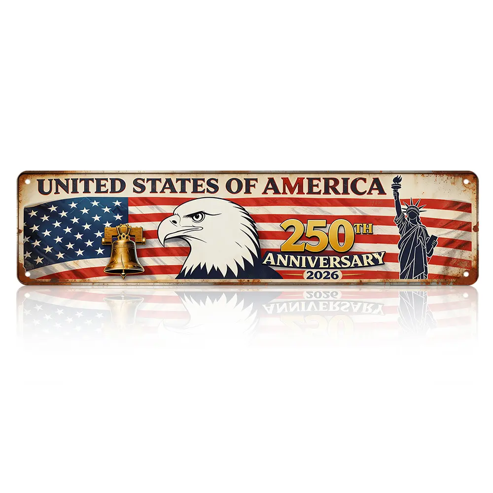 2026 USA 250th Anniversary Aluminum Wall Plaque - 16x4 Horizontal Patriotic Home Decor, Bald Eagle Liberty Bell Statue of Liberty Vintage Flag Design, Waterproof Hanging Sign for Garage/Cabin, Commemorative Memorial Gift