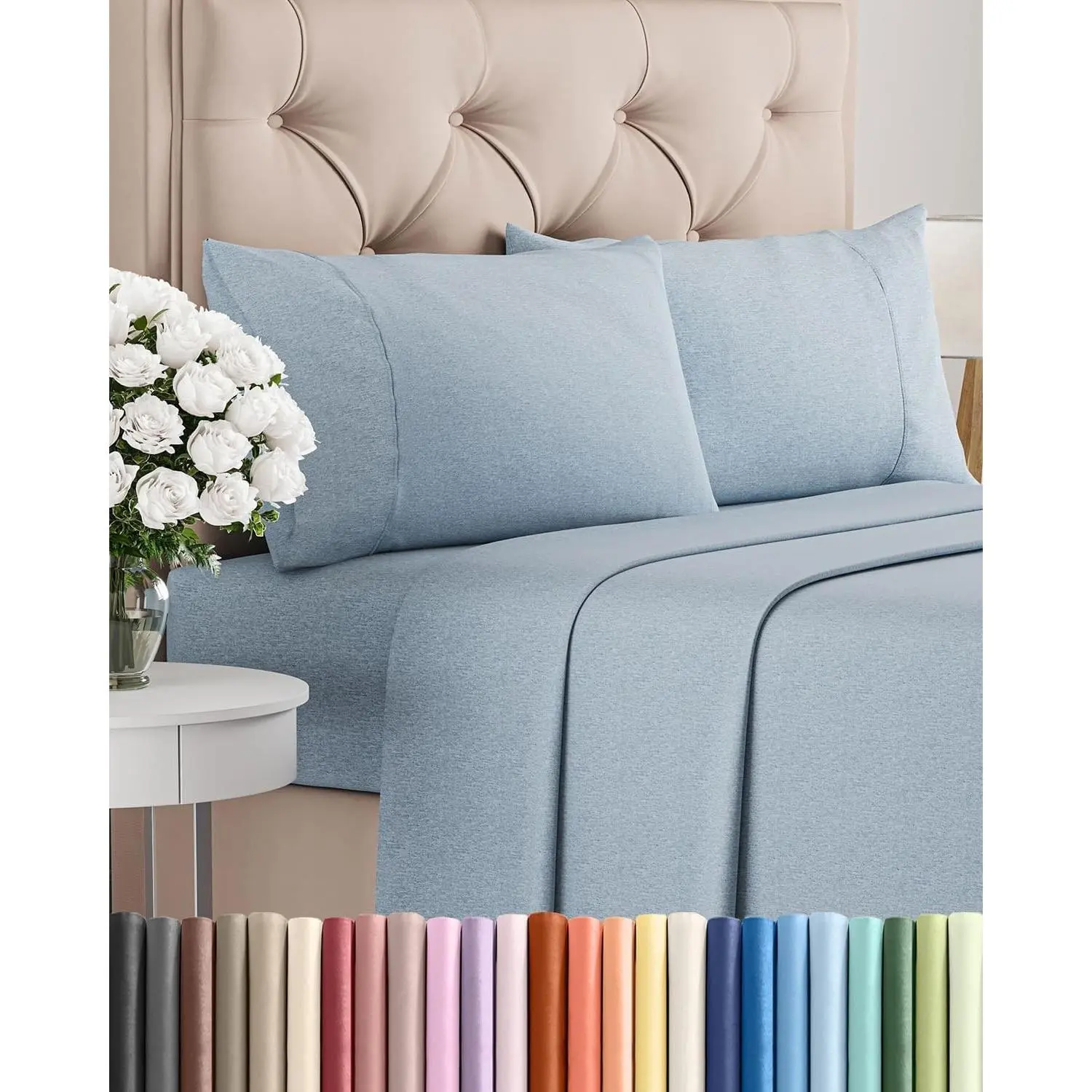King Size 4 Piece Sheet Set - Comfy Breathable & Cooling Sheets - Hotel Luxury Bed Sheets for Women & Men - Deep Pockets, Easy-Fit, Soft & Wrinkle Free Sheets - Heathered Blue Oeko-Tex Bed Sheet Set