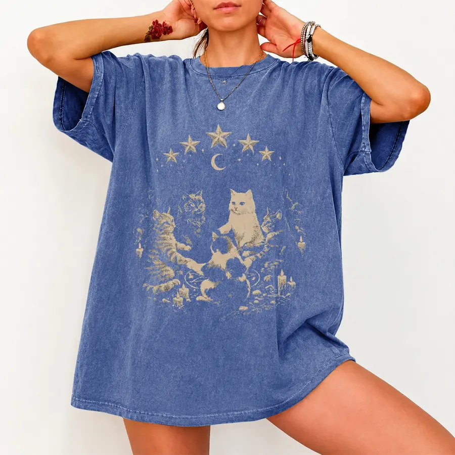 Holafish Women Acid‑Washed Cotton Tee Vintage Mystic Cat Moon Star Art Boxy Short Sleeve For Laid‑Back Summer Casual Looks