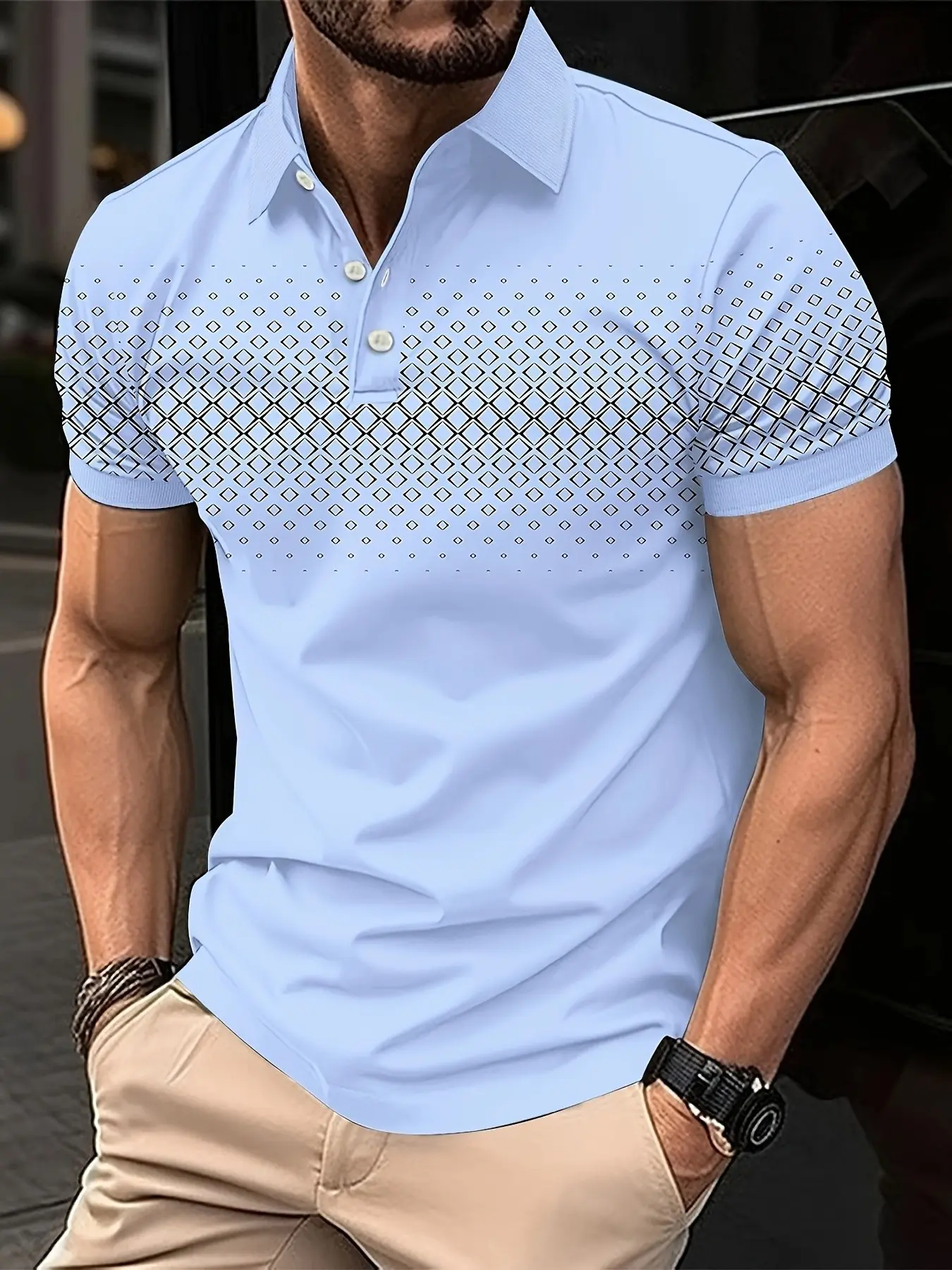 Light Blue Gradient Rhombus Pattern Printed Polo Shirt, Men's Business Casual Short Sleeve, Loose-Fit All-Over Print, Spring & Fall Fashion