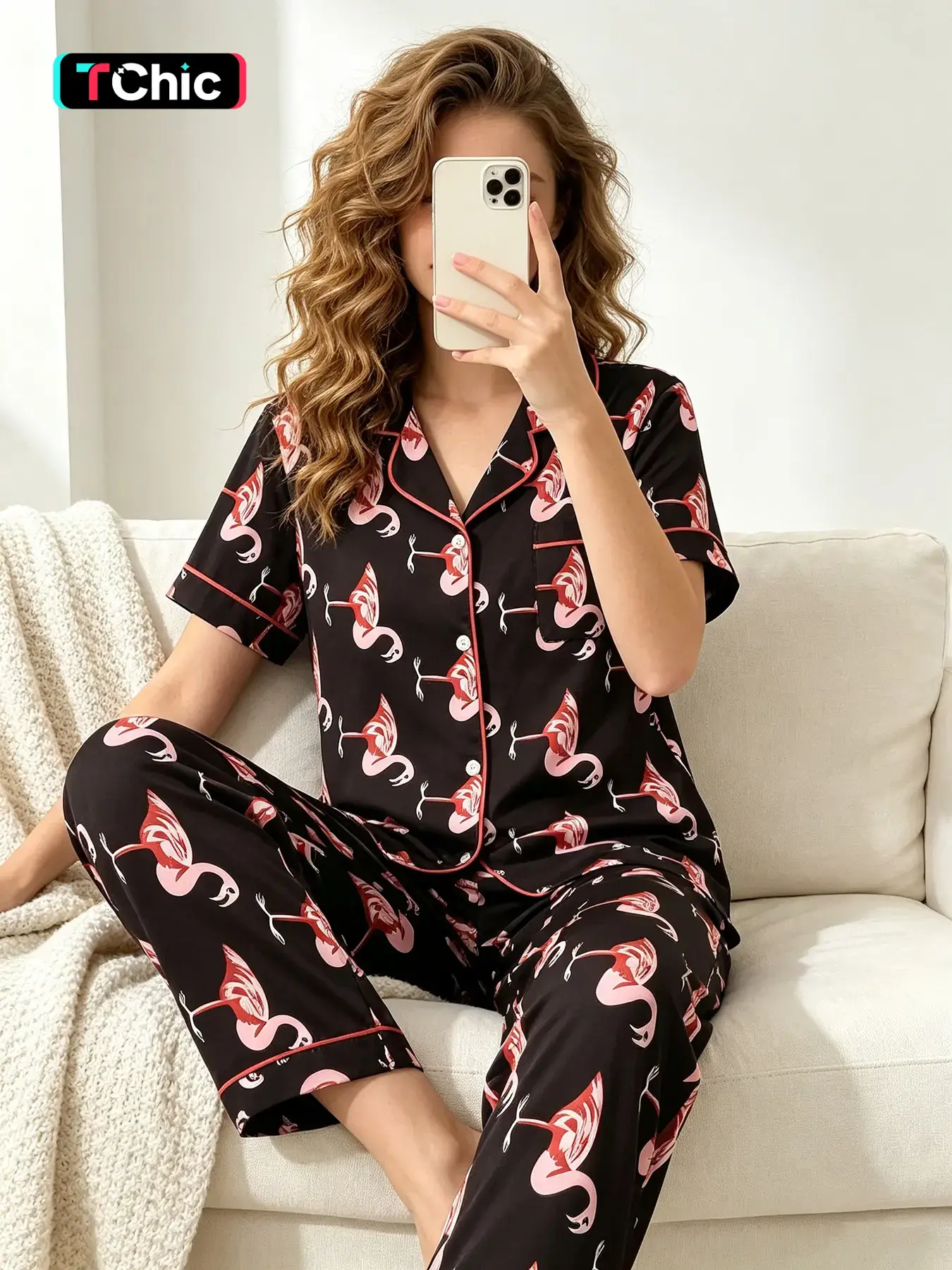 Women's Open‑front Short Sleeve Top And Long Pants Pajama Set, wearable all seasons, charming flamingo print, handy casual loungewear, comfy sleepwear, daily home suit, practical rest attire