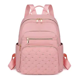Women's Nylon Travel Backpack, Casual Lightweight Large Capacity Wear-Resistant Daypack with Zipper Closure, Solid Color (Black, Red, Pink, Gray) - Backpacks for School