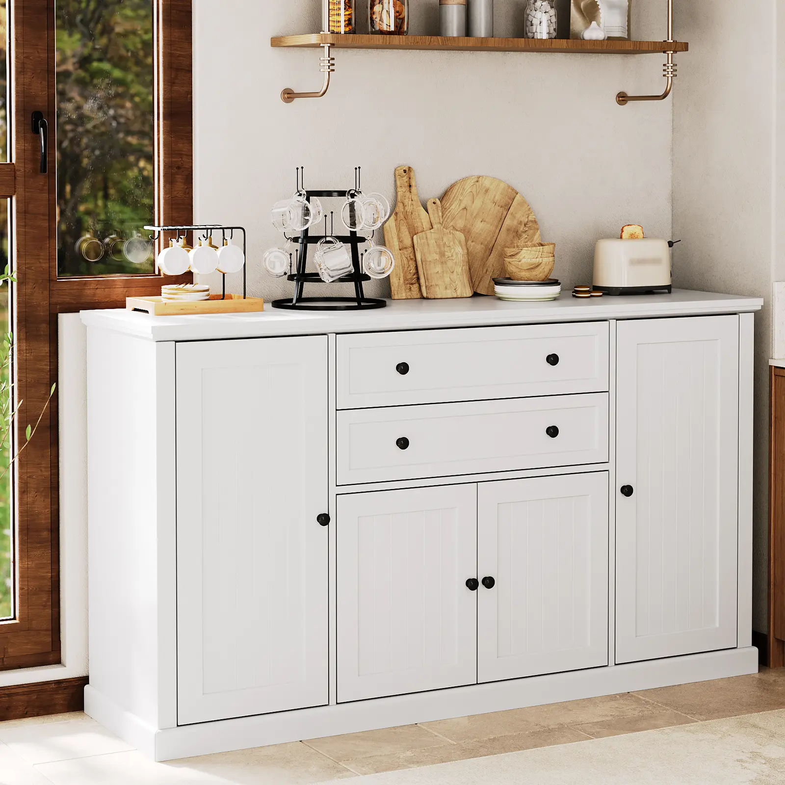 58" Farmhouse Sideboard Buffet 4 Doors 2 Drawers Wood Cupboard Pantry Coffee Bar Station