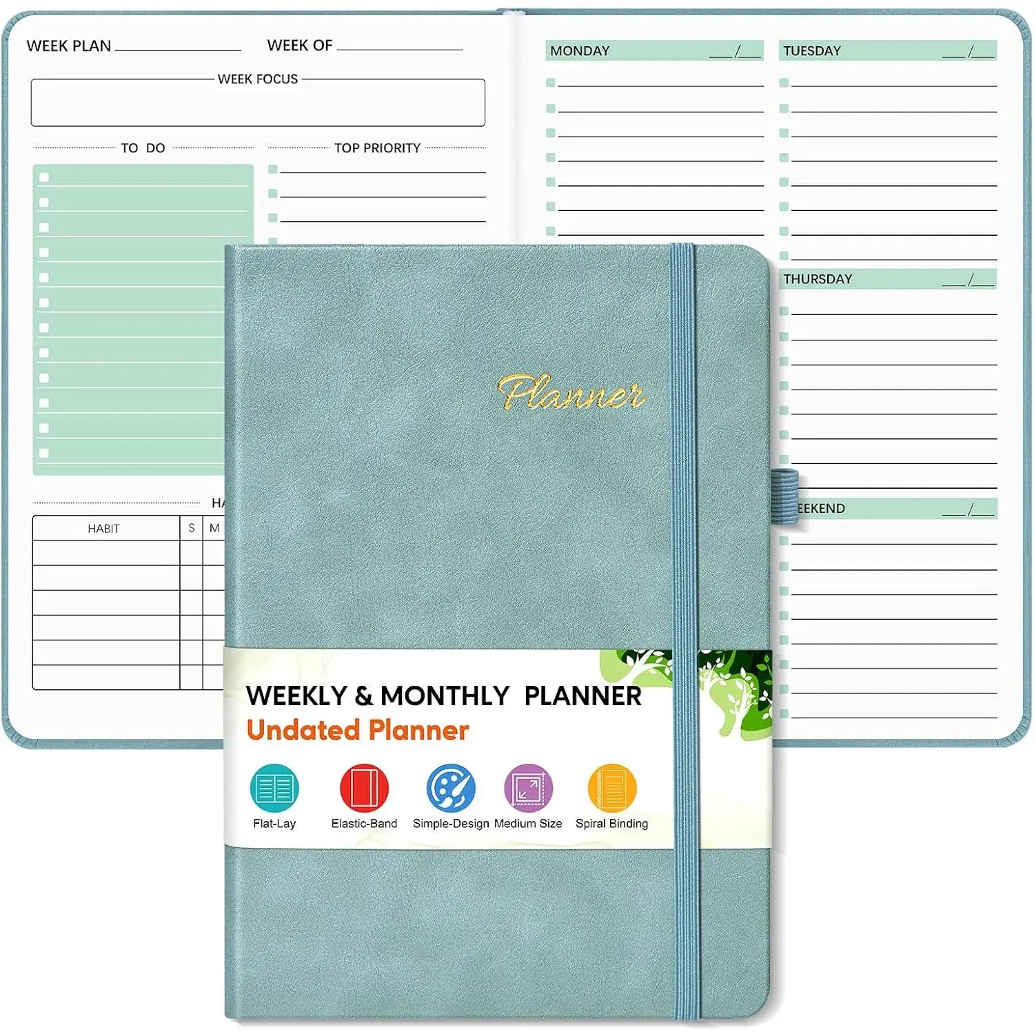 Undated Weekly and Monthly Planner, Hardcover Leather Calendar Blank Planner, Simplified  Notebook with Goal & Habit  Organizer, A5 Daily Weekly Planner for Work School , Blue