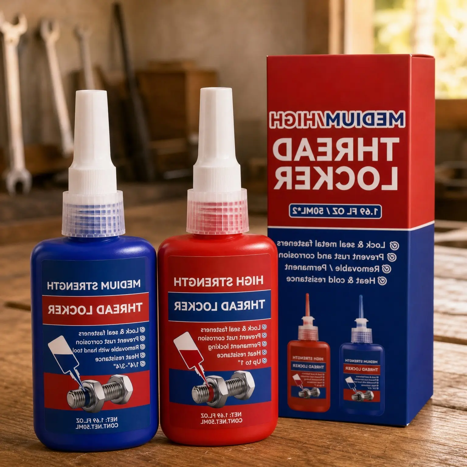Blue & Red Threadlocker Medium & High Strength Thread Lock for Nuts, Bolts, Fasteners & Metals, Anti-Loosening & Leakage Protection (50 ml x 2)Gift