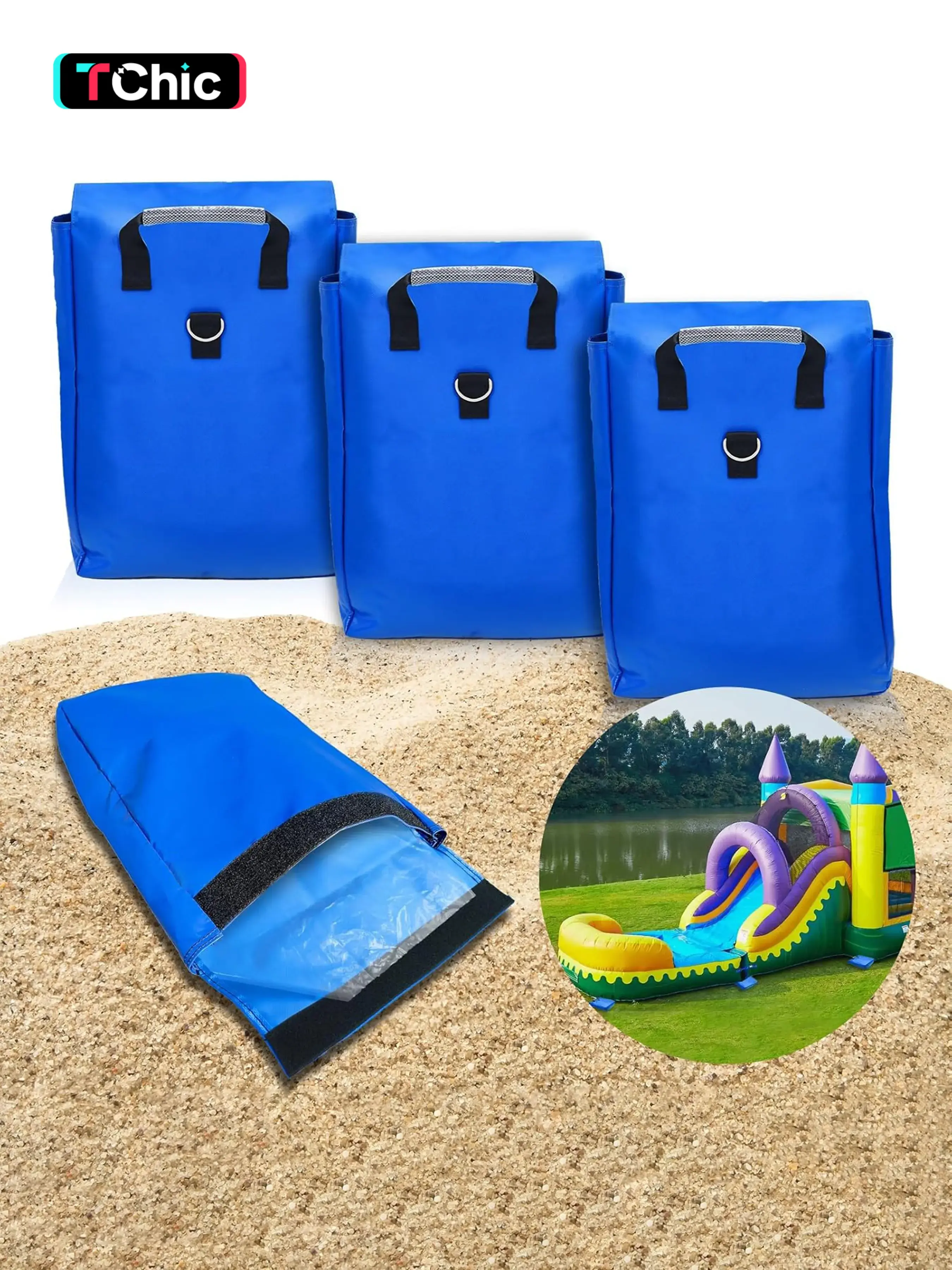 4pcs Vinyl SandBags with Handle, Deluxe Extra Durable Heavy Duty Vinyl Sand Bags, Bounce House Sand Bags, Suitable for Fixed Inflatable Trampolines, Inflatable Water Slide, Canopies and Tents, Each Weight Capacity 55 Pound, Anchor Down