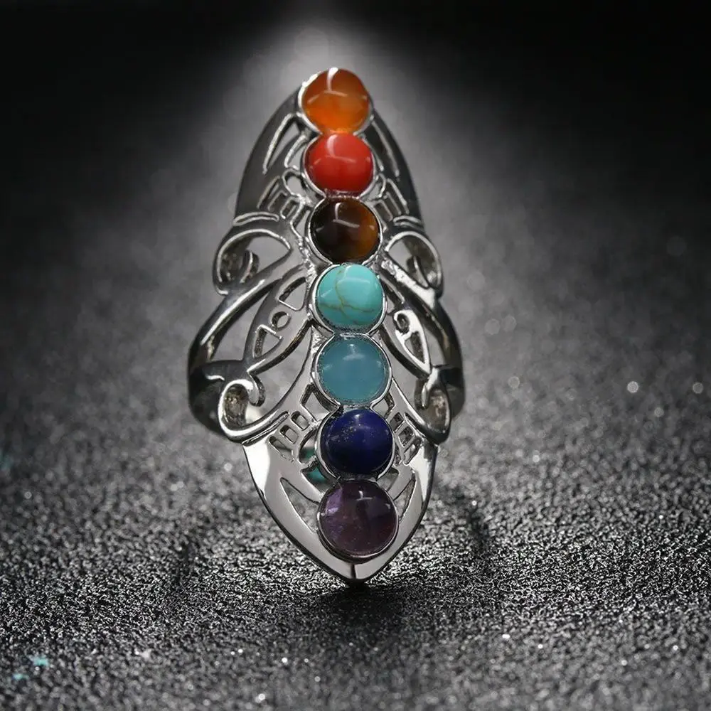 7 Chakra Stone Bead Finger Rings Silver Plated Hollow Flower Adjustable Ring Reiki Balance Meditation Healing Gem Ring Jewelry