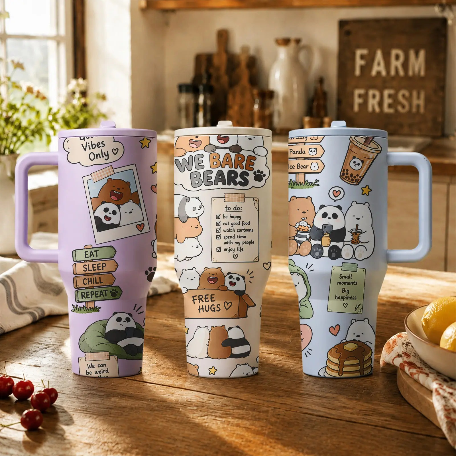 1PC Three Bears Cozy Diary 40oz Stainless Steel Tumbler with Handle & Straw, Cute Bear Cartoon Insulated Travel Cup, Double Wall Vacuum Water Bottle for Hot & Cold Drinks, Large Capacity Mug for Office, Travel, Daily Hydration & Gifts