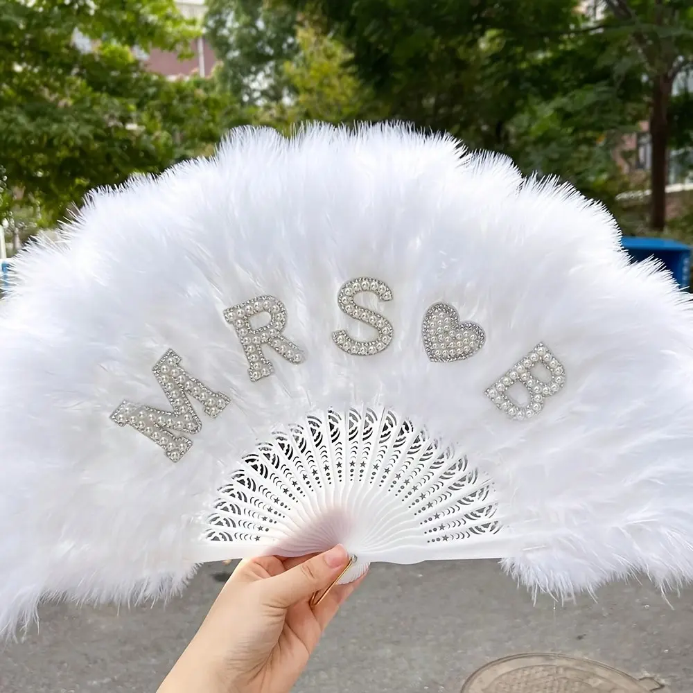 Pearl Initial Mrs A-Z White Feather Fan, Wedding Hand Fans, disco cowgirl retro bachelorette hen party girls trip summer beach pool spa Sleepover wedding bridal shower honeymoon travel decoration Bride to be gift present Photo props