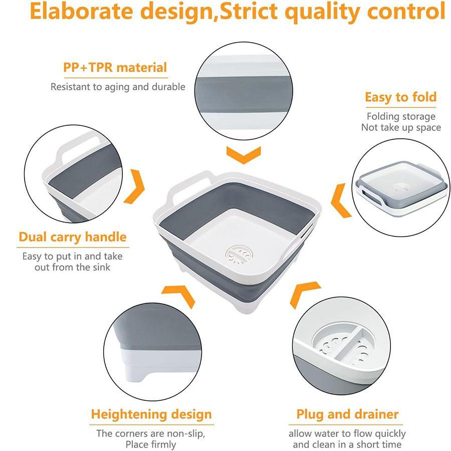 Collapsible Dish Basin with Drain Plug, 1-Count 9 L Space-Saving Multi-Purpose Collapsible Dishwashing Tub, Kitchen Storage Bucket for Indoor or Outdoor Use, Basin Container