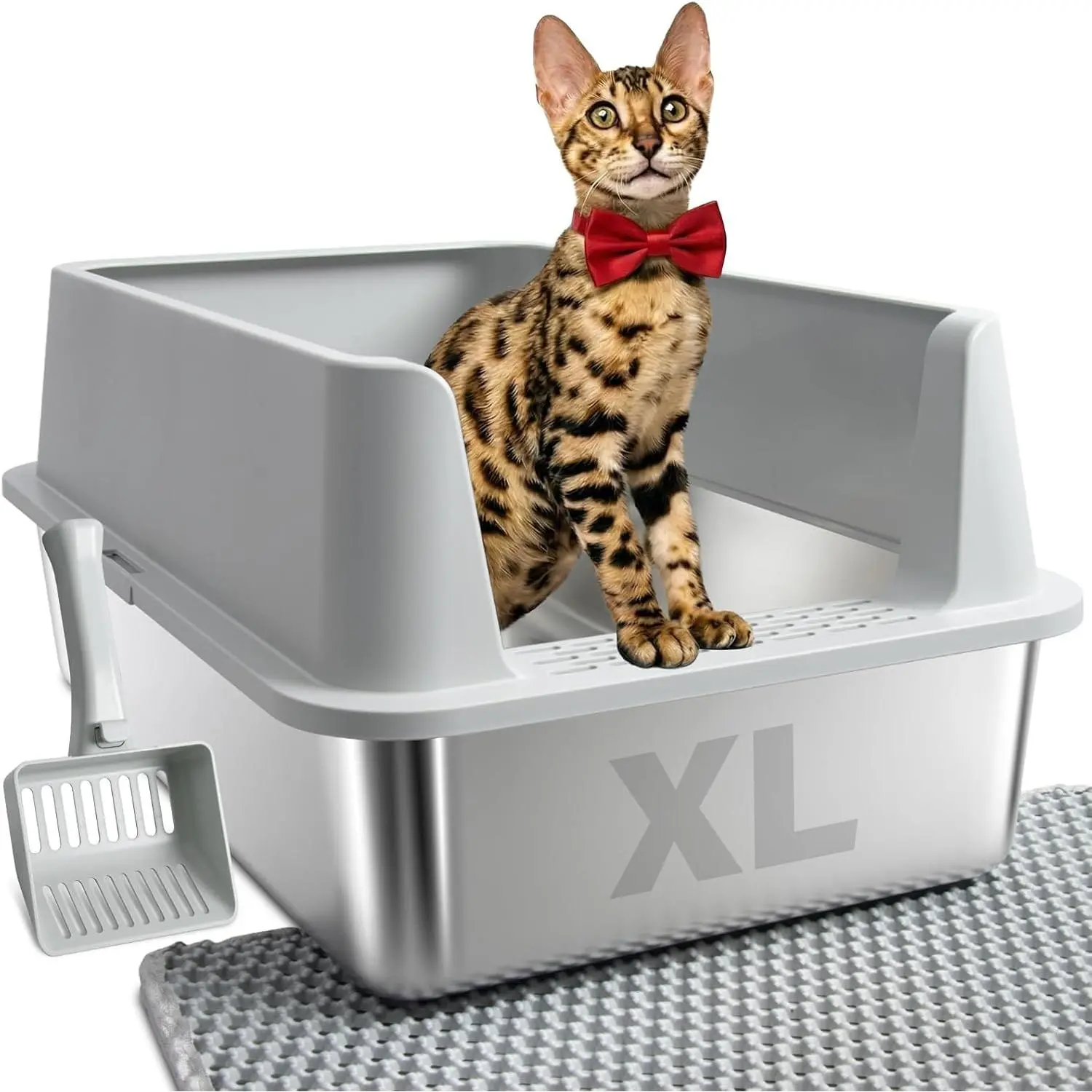 Stainless Steel Litter Box, Extra Large Litter Boxes for Big Cats, XL Metal Cat Litter Box with High Sides Lid, Anti-Urine Leakage, Never Absorbs Odors, Easy Cleaning, Non-Stick, Include Scoop and Mat