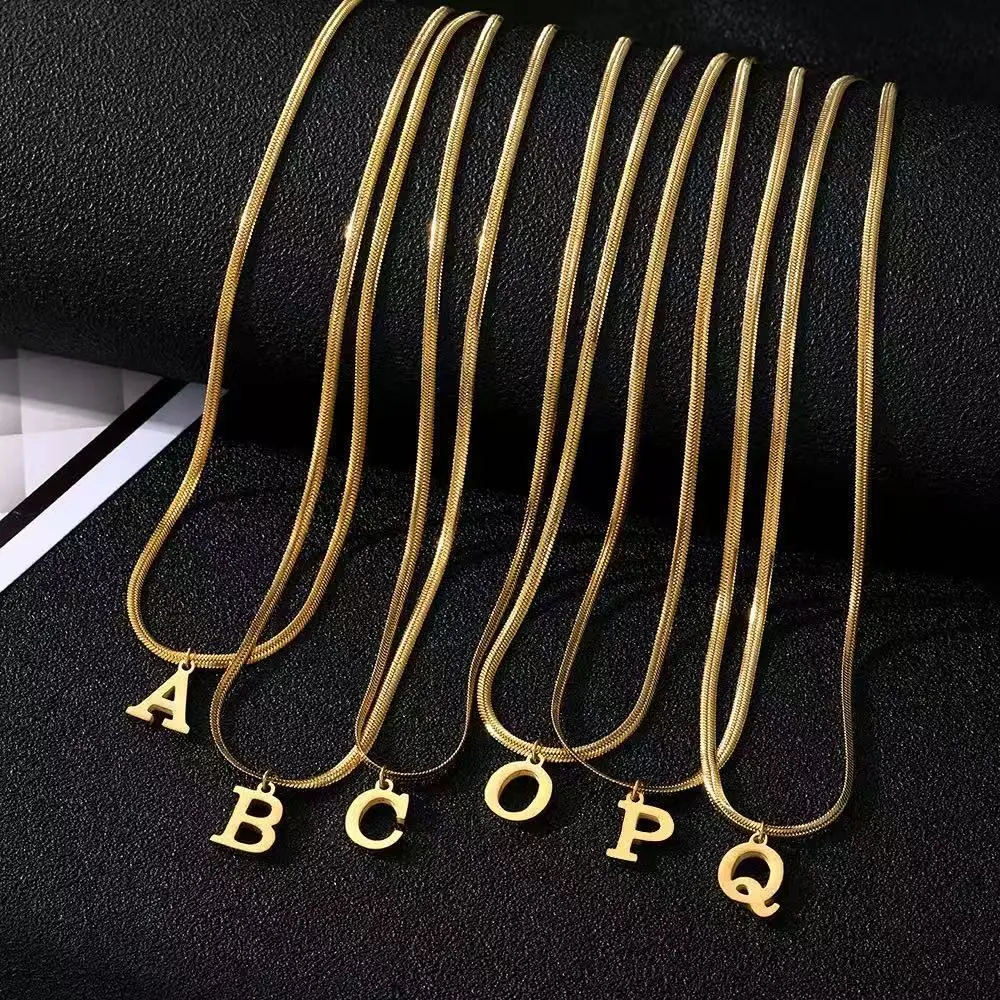 304L Stainless Steel Golden Necklaces, Unisex Statement Choker Initial Letter A-Z Pendant Necklaces Flat Snake Bone Chain Birthday Gift Party, Proms, Music Festivals Punk Jewelry