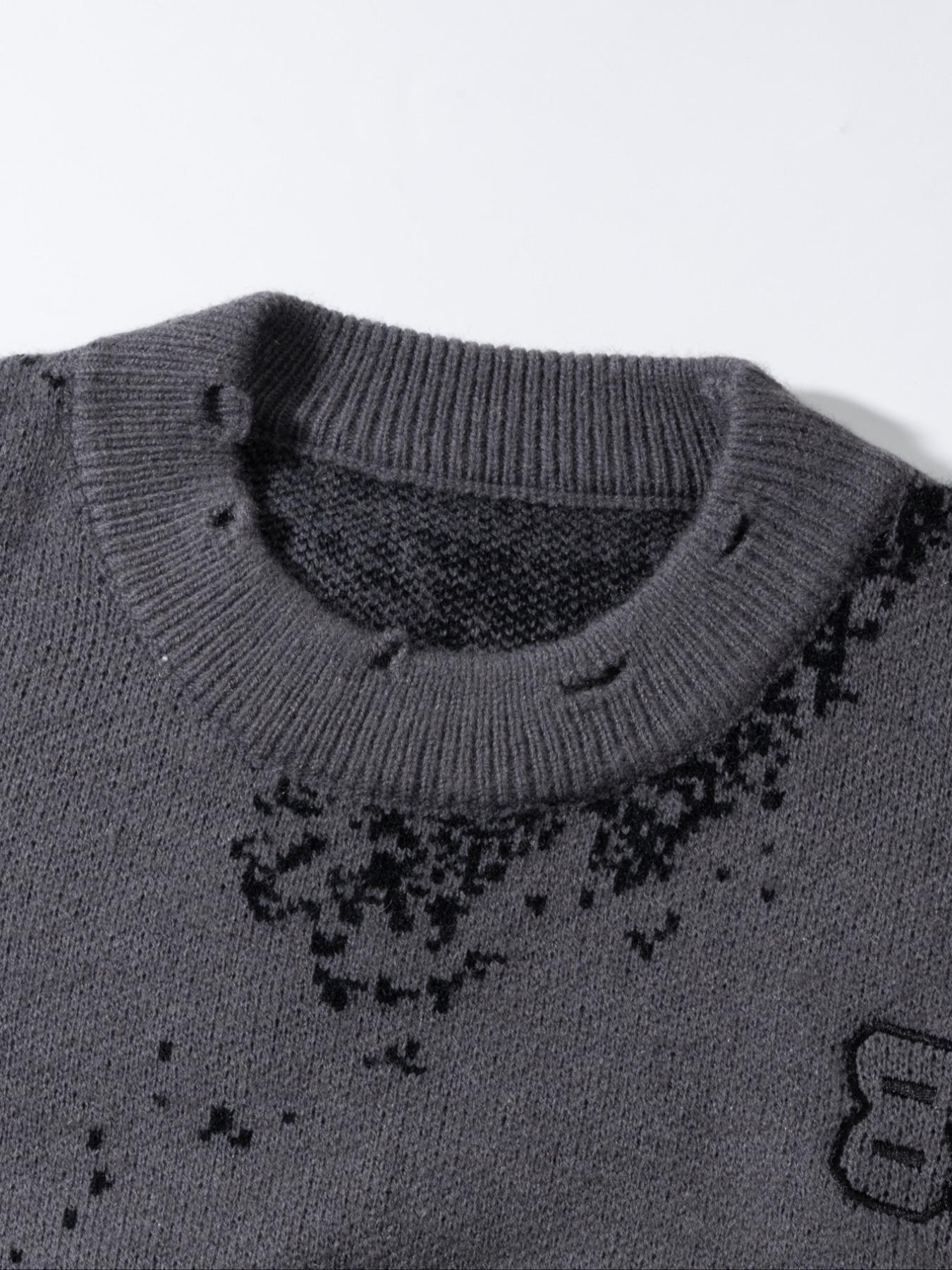 Men's Letter & Figure Pattern Ripped Design Acrylic Sweater, Loose Casual Drop Shoulder Long Sleeve Round Neck Jumper for Spring & Fall, Fashion Men's Knitwear for Daily Wear Men's Letter & Figure Pattern Ripped Design Acrylic Sweater, Loose Casual Drop Shoulder Long Sleeve Round Neck Jumper for Spring & Fall, Fashion Men's Knitwear for Daily Wear