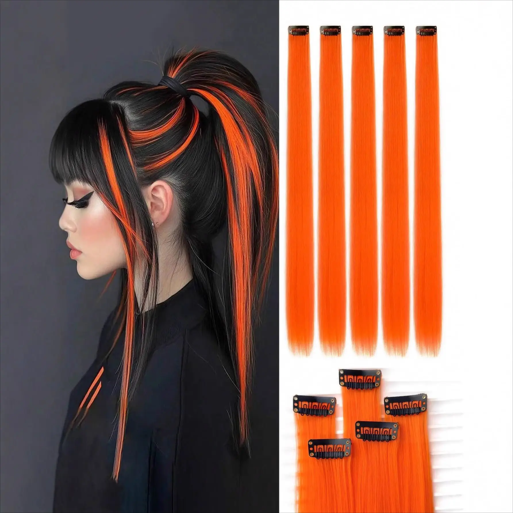 20 Inch Colored Hair Extensions Clip In, Long Straight Synthetic Hair Extensions, Burgundy Colorful Highlights Hairpieces for Girls Women, Easy Clip On Cosplay Hair Accessories for Halloween Party Costume