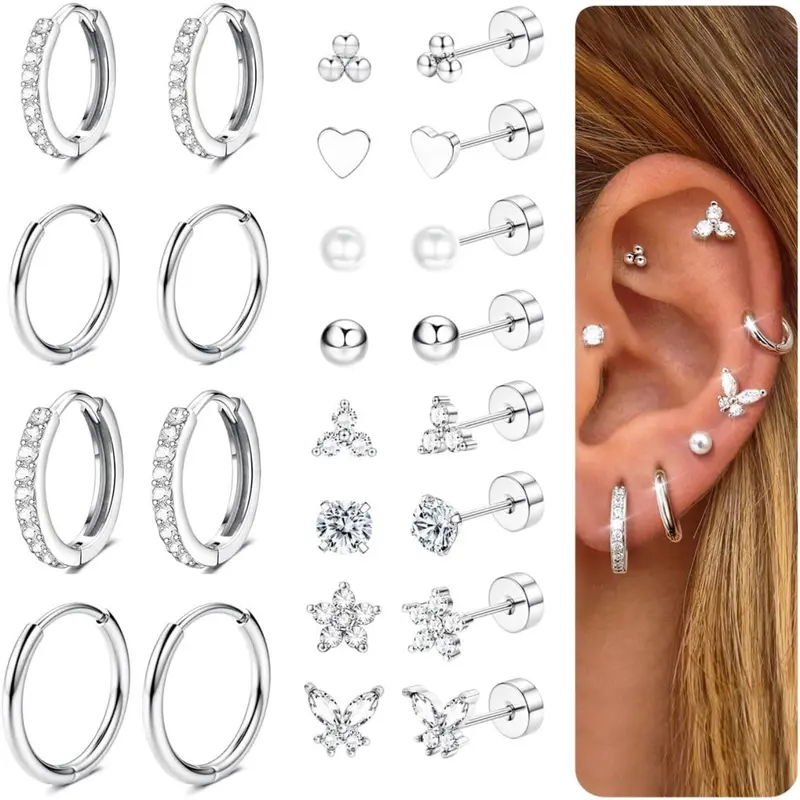 12Pairs Flat Back Earrings for Women Men Hypoallergenic Surgical Steel Earrings for Sensitive Ears 14K Gold Hoop Stud Sleeper Earrings Flatback Cartilage Tragus Helix Piercing Earrings Earring Hoops Earrings Jewelry